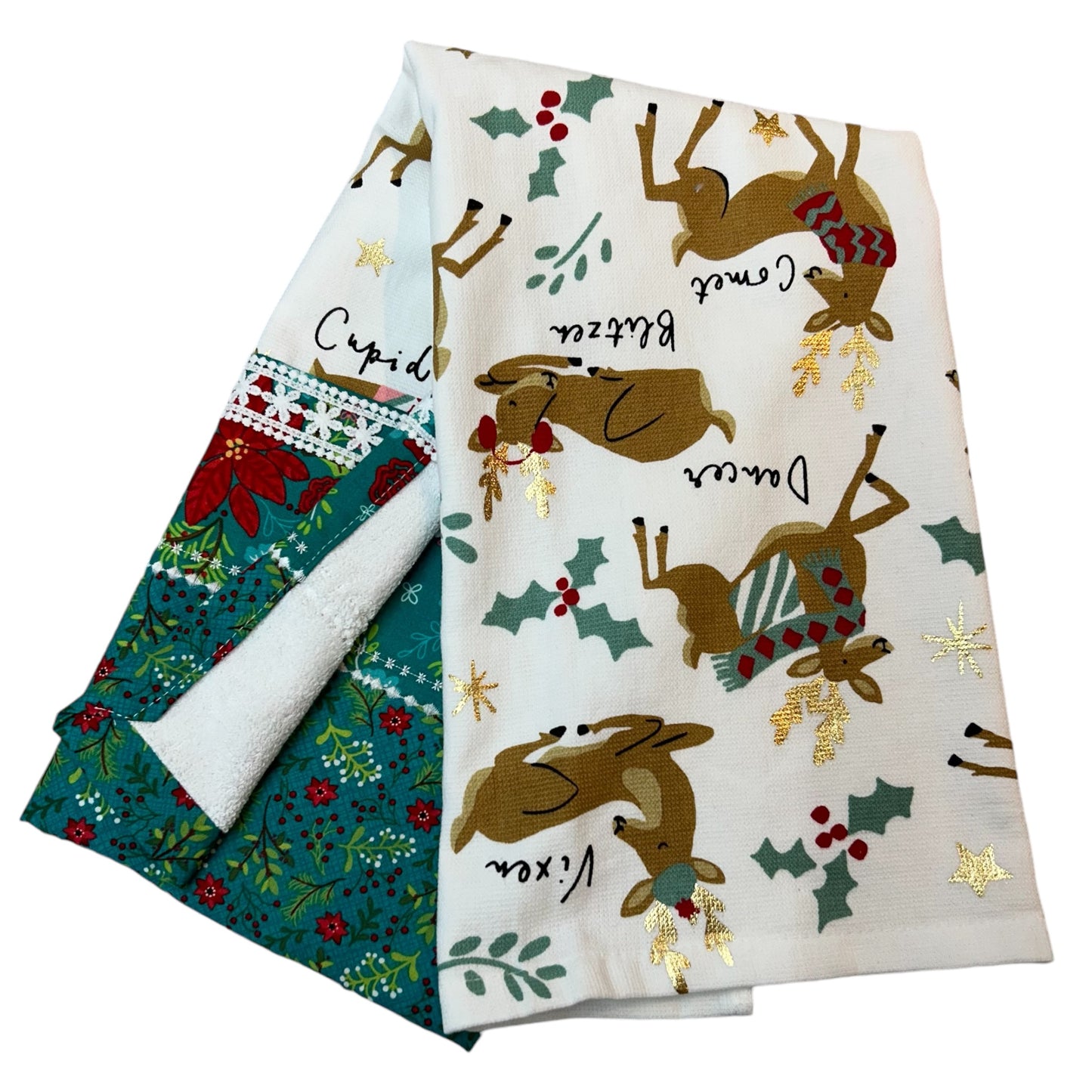 Enchanting Reindeer Christmas Dish Towel with Quilt Cotton Accents