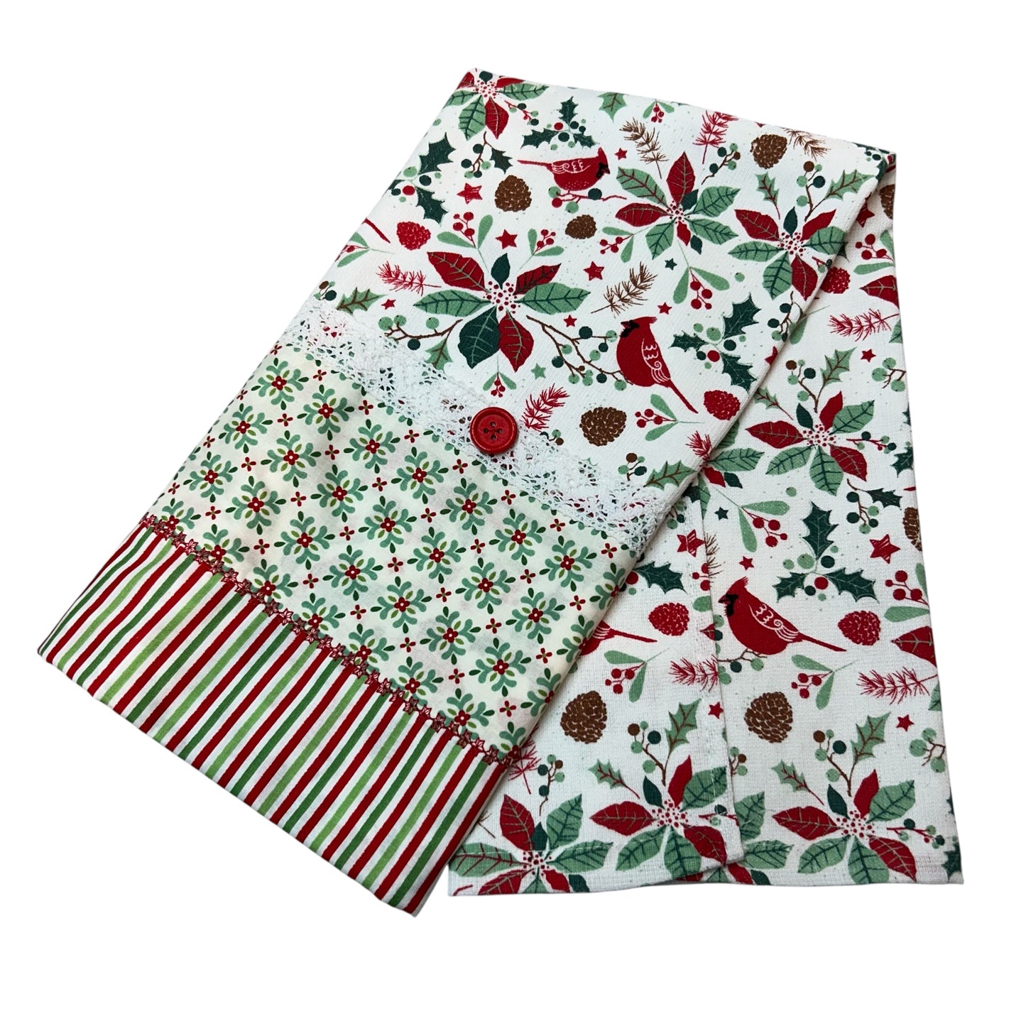 Cardinal Christmas Dish Towel With White Cotton Lace Trim