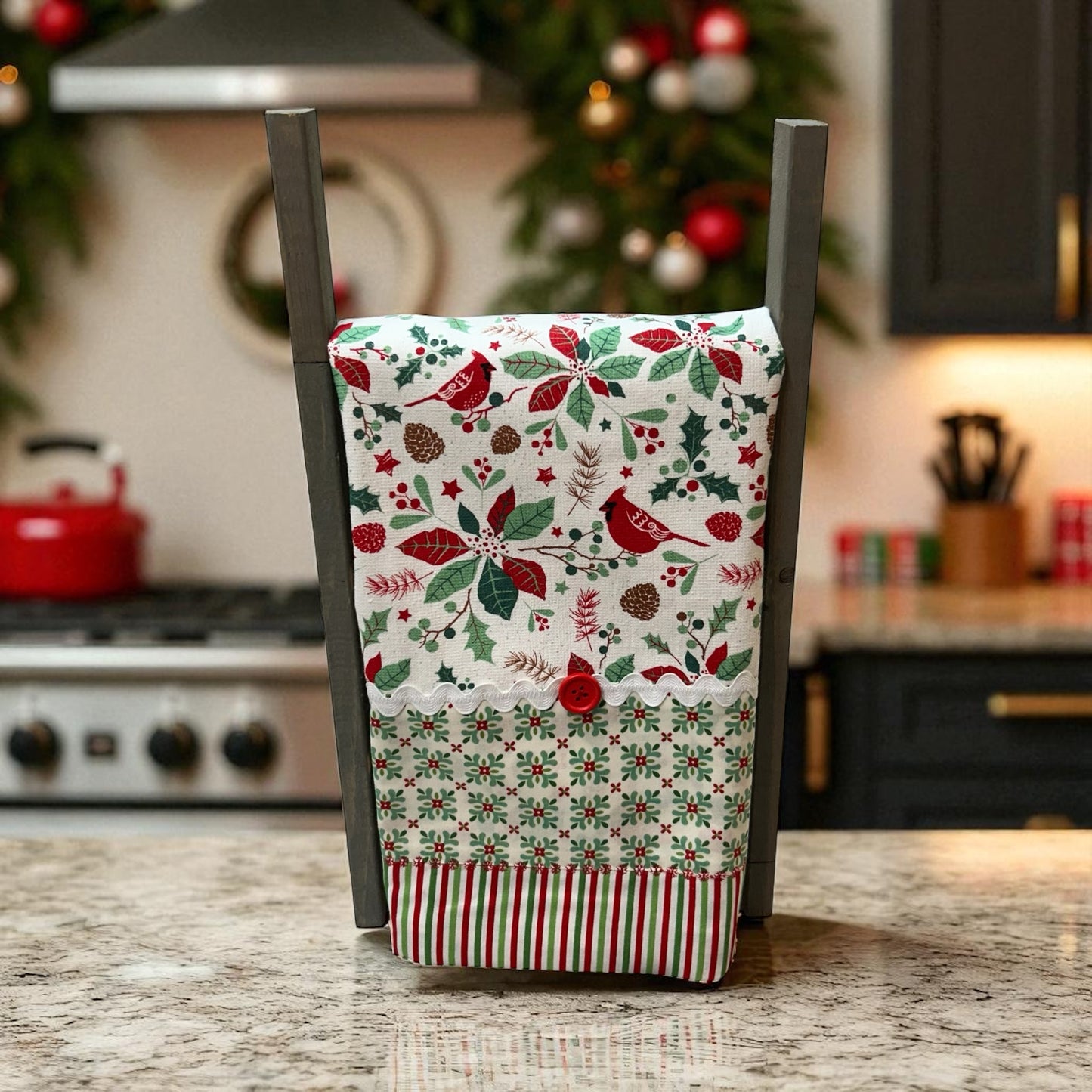 Christmas Cardinal Dish Towel With Ric Rac Trim
