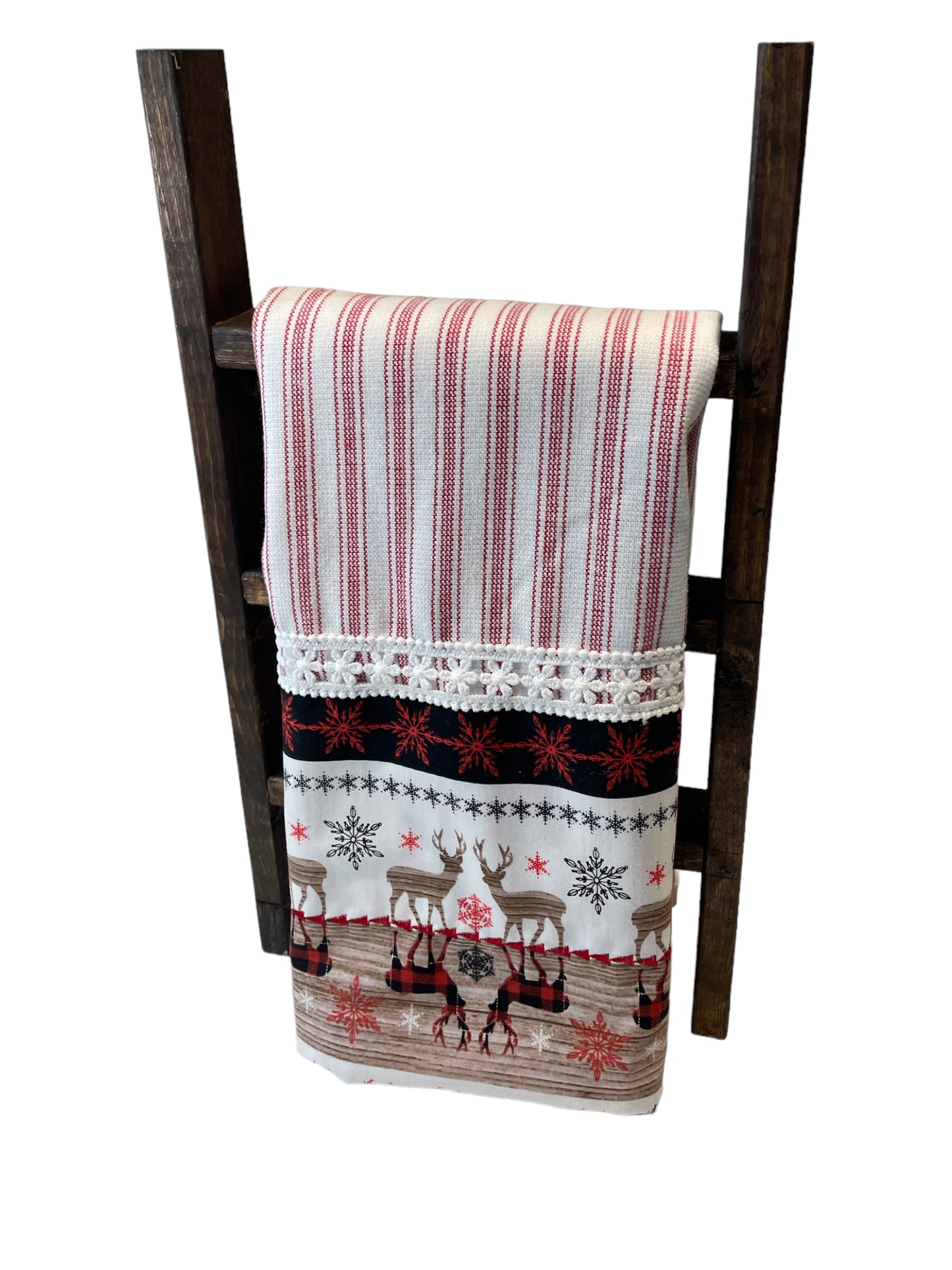 Festive Christmas Dish Towel - Handcrafted Reindeer & Snowflake Design with White Cotton Lace Trim