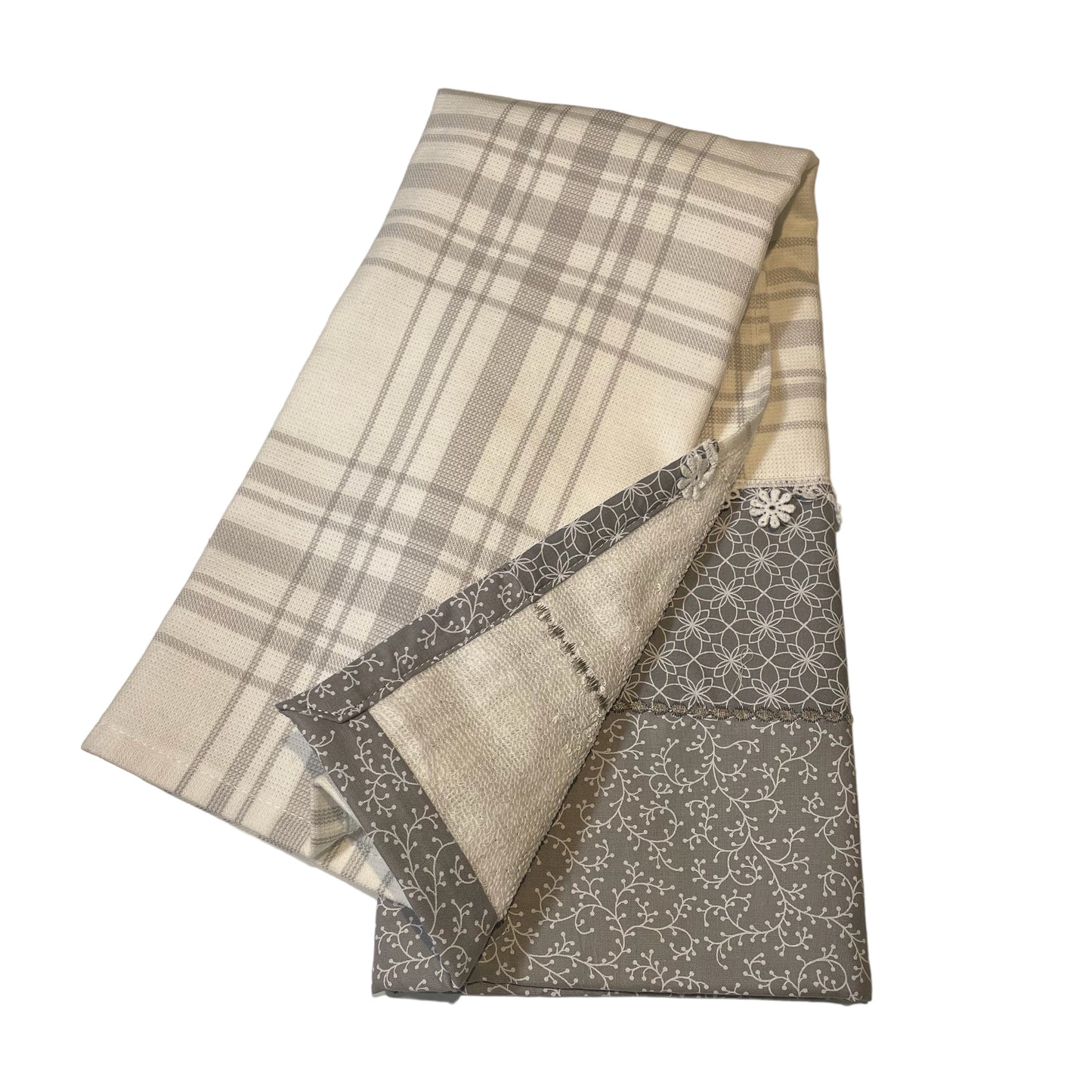 Handcrafted Modern Farmhouse Kitchen Tea Towel in Grey and White with Cotton Lace Trim