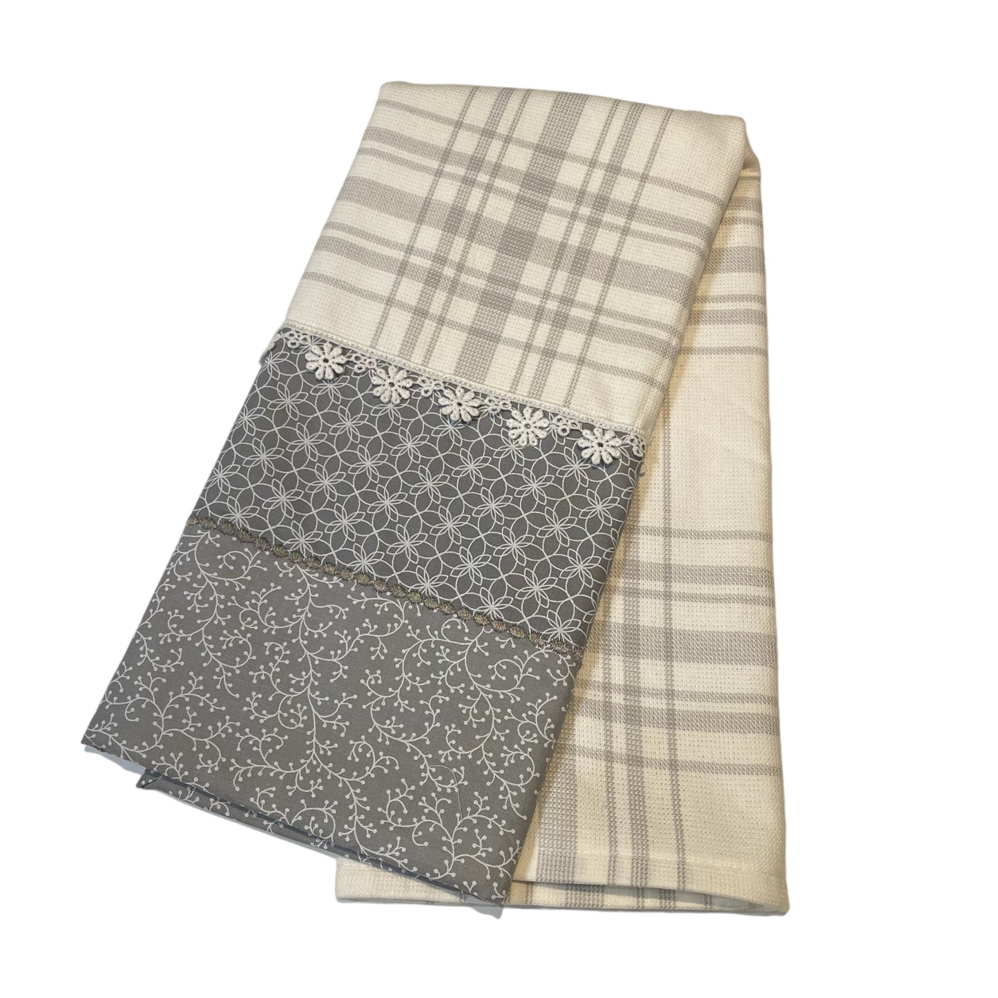 Handcrafted Modern Farmhouse Kitchen Tea Towel in Grey and White with Cotton Lace Trim