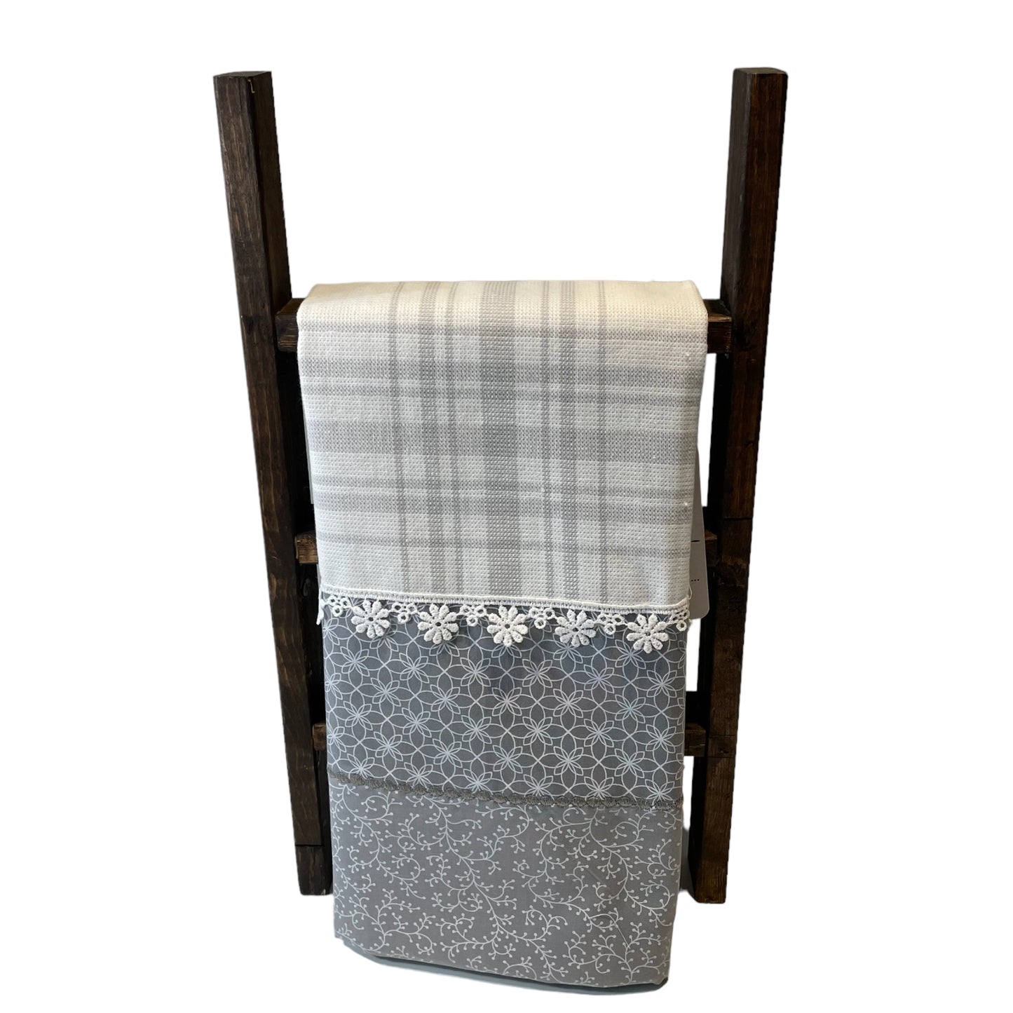 Handcrafted Modern Farmhouse Kitchen Tea Towel in Grey and White with Cotton Lace Trim