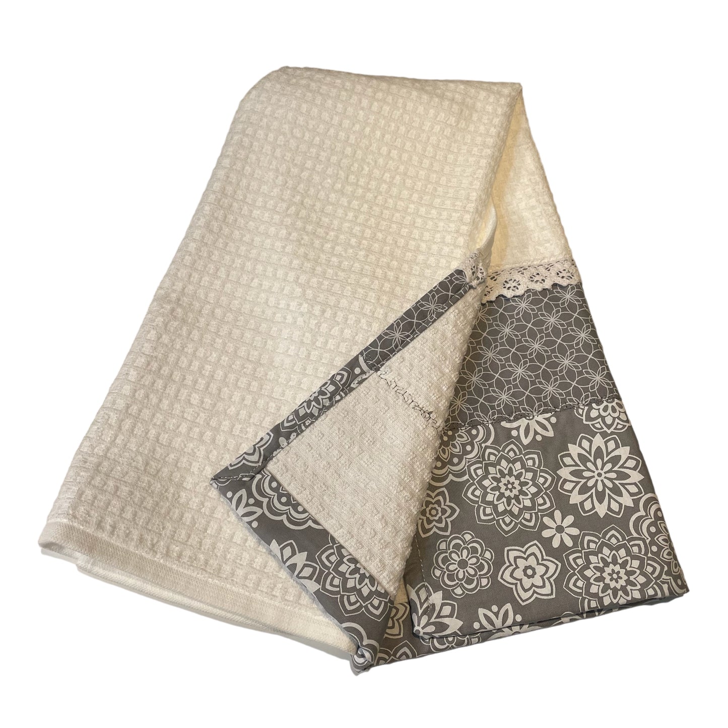 Handcrafted Farmhouse Grey & White Floral Kitchen Tea Towel with Lace Trim