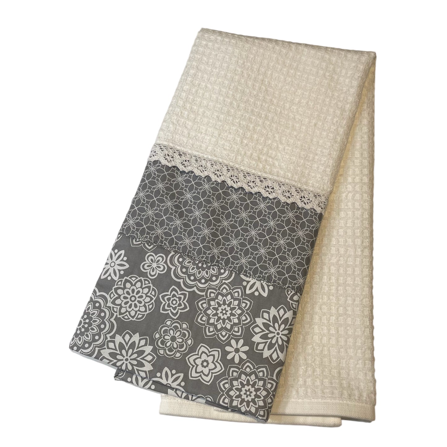 Handcrafted Farmhouse Grey & White Floral Kitchen Tea Towel with Lace Trim