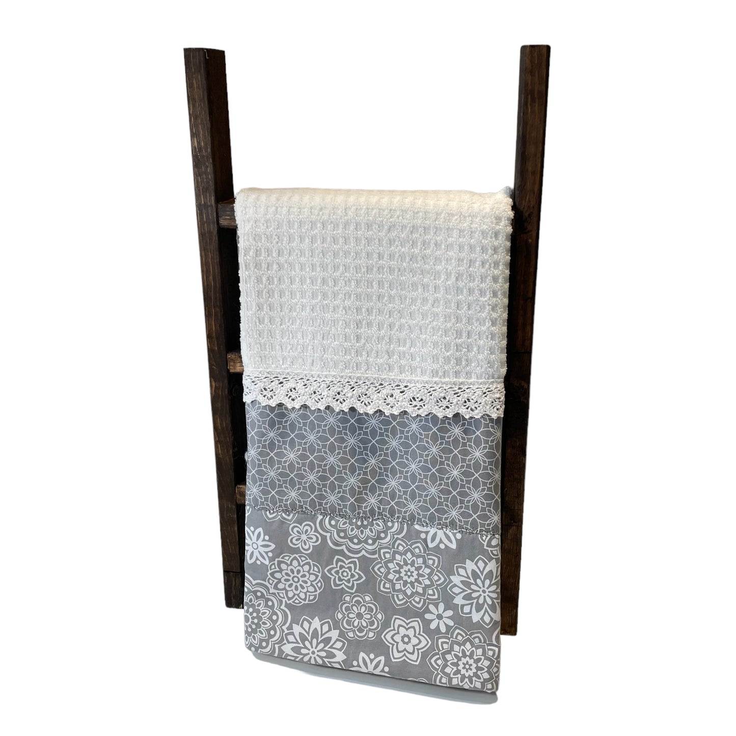 Handcrafted Farmhouse Grey & White Floral Kitchen Tea Towel with Lace Trim