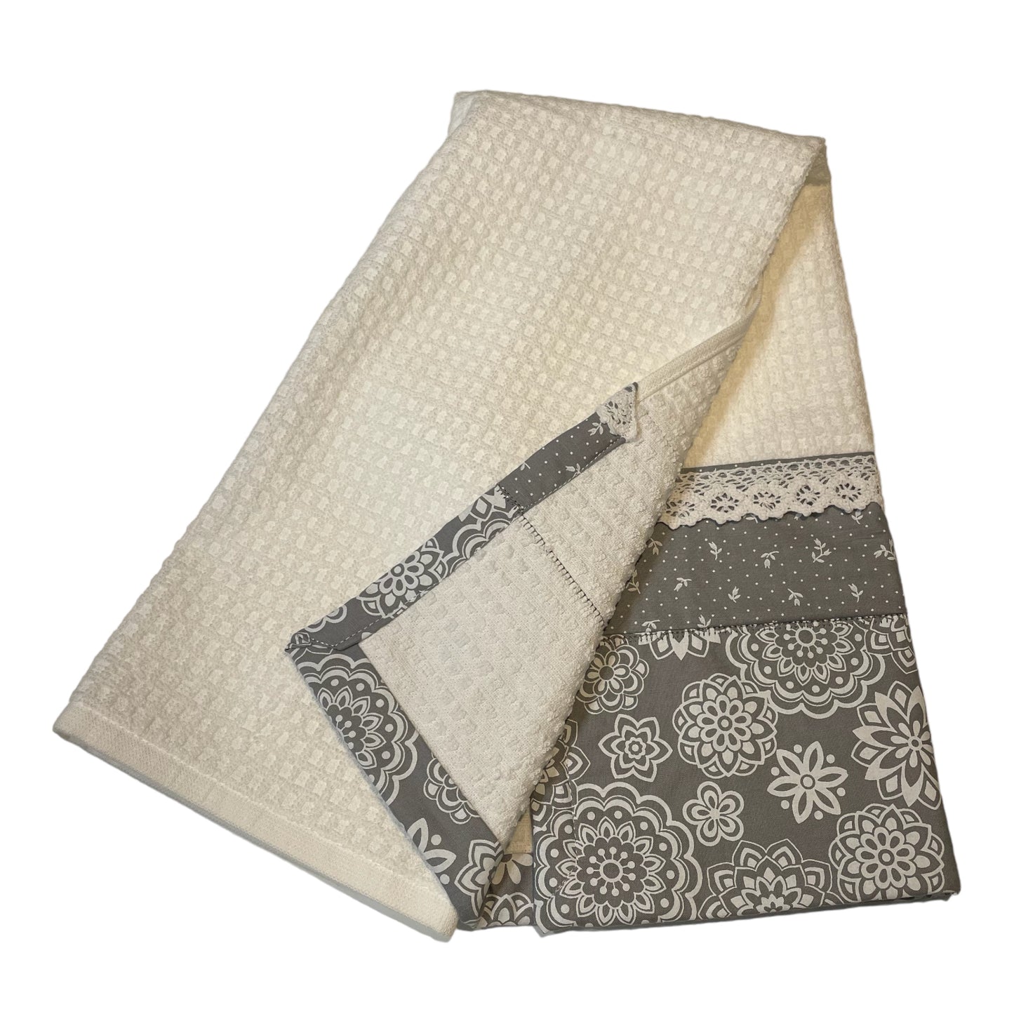 Elegant Modern Farmhouse Floral Grey & White Kitchen Dish Towel with Handcrafted Details