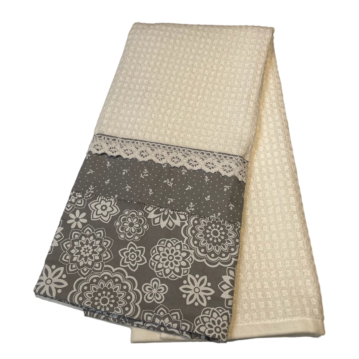 Elegant Modern Farmhouse Floral Grey & White Kitchen Dish Towel with Handcrafted Details