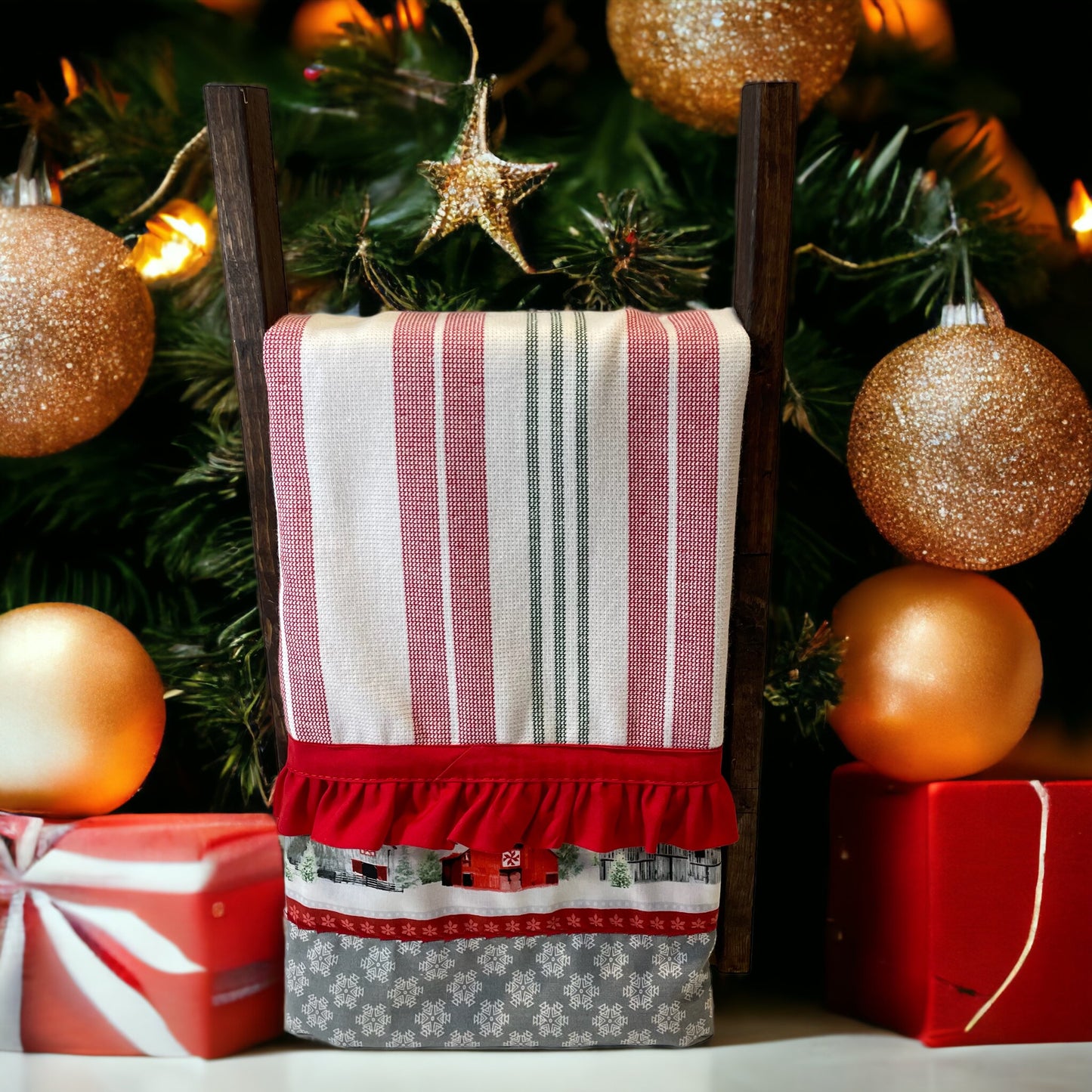Country Kitchen Dish Towel, Red White and Green Christmas Kitchen Towel