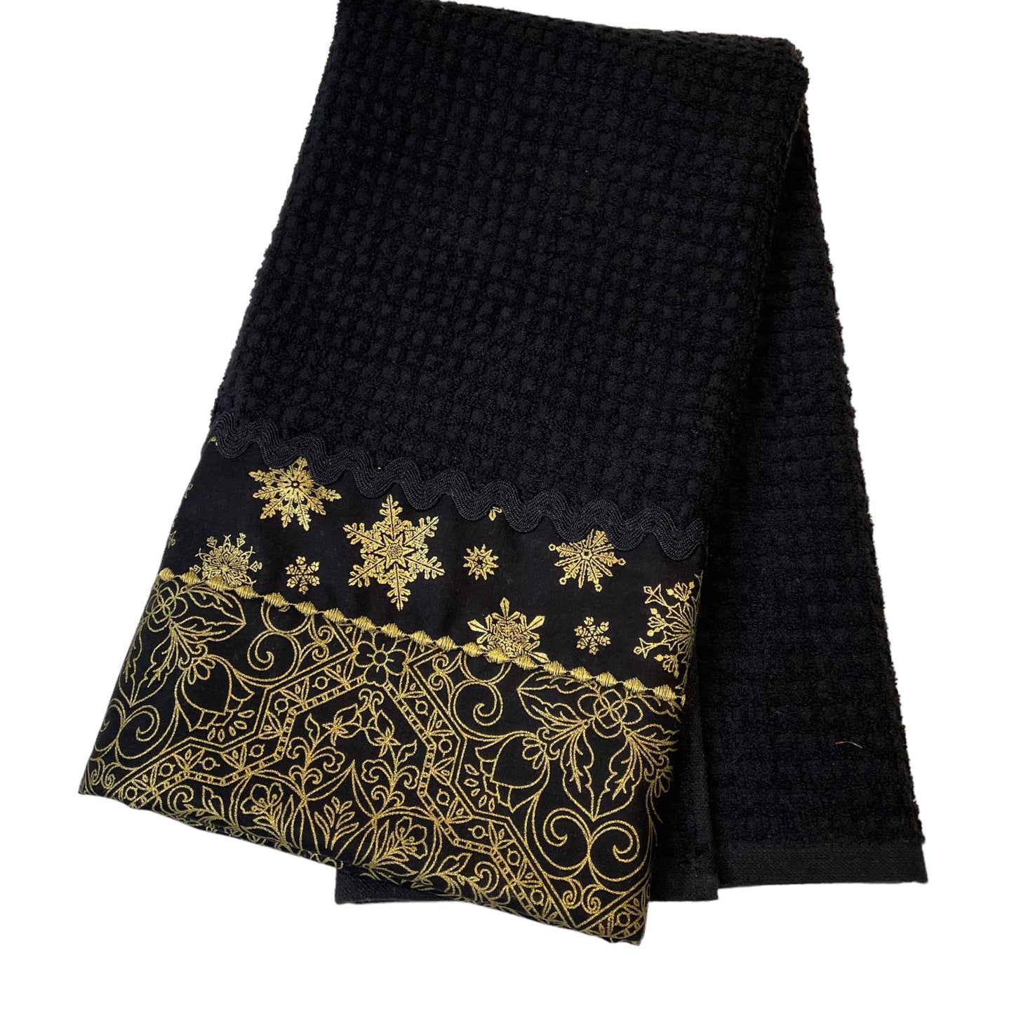 Black & Gold Christmas Dish Towel with Ricrac Trim and Gold Embroidery Stitching