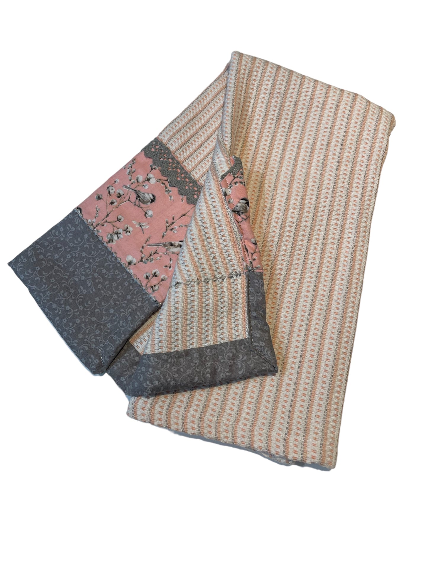Pink & Grey Striped Quilted Kitchen Dish Towel with Embroidery Stitching & Lace - One of a Kind Farmhouse Decor