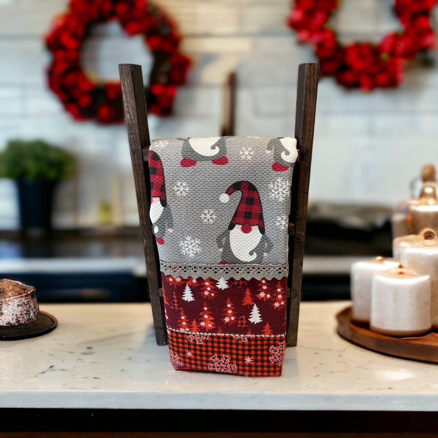 Charming Grey and Red gnome Christmas Dish Towel with Handcrafted Details