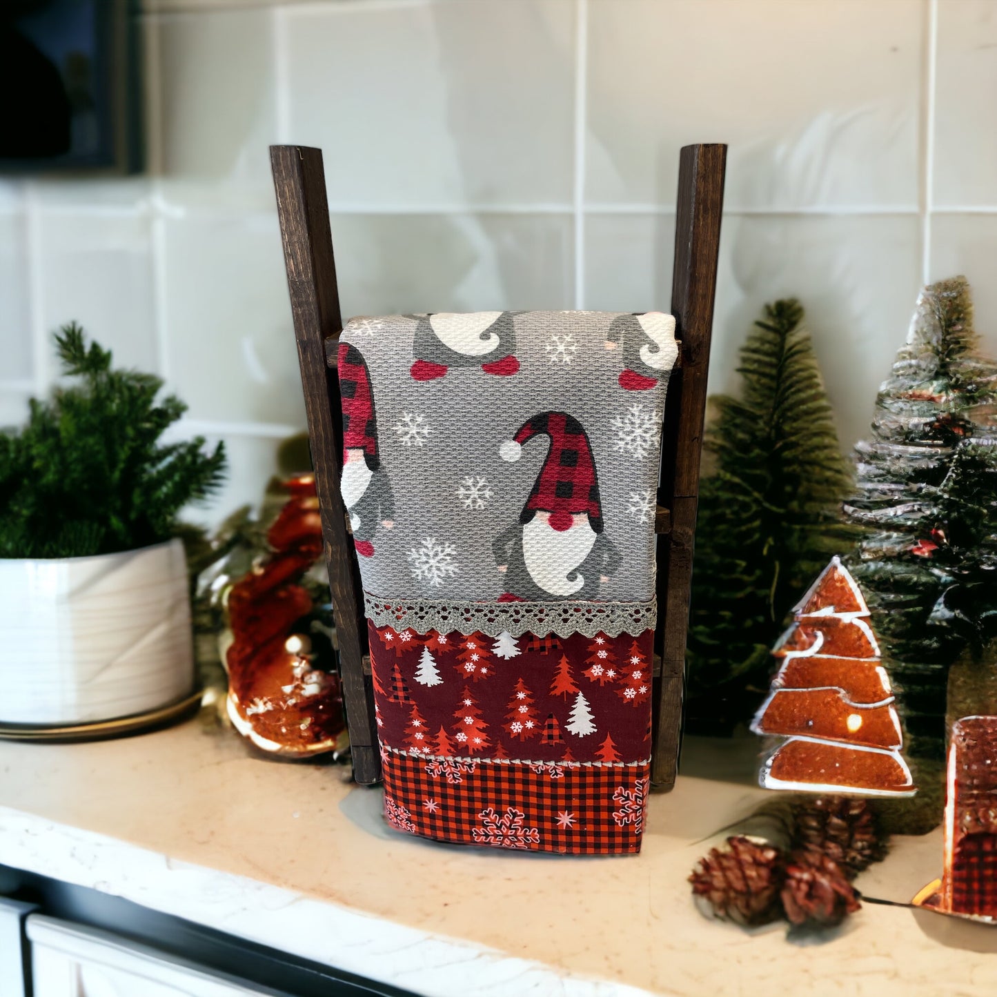 Charming Grey and Red gnome Christmas Dish Towel with Handcrafted Details