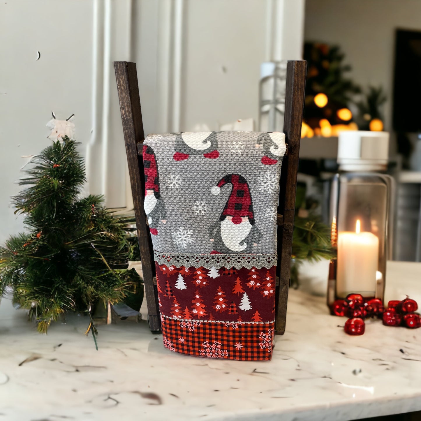 Charming Grey and Red gnome Christmas Dish Towel with Handcrafted Details