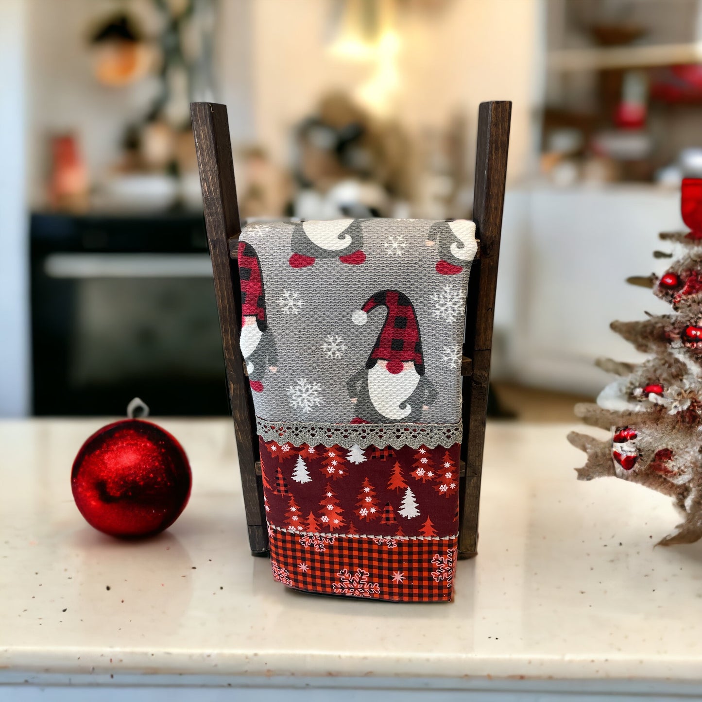 Charming Grey and Red gnome Christmas Dish Towel with Handcrafted Details