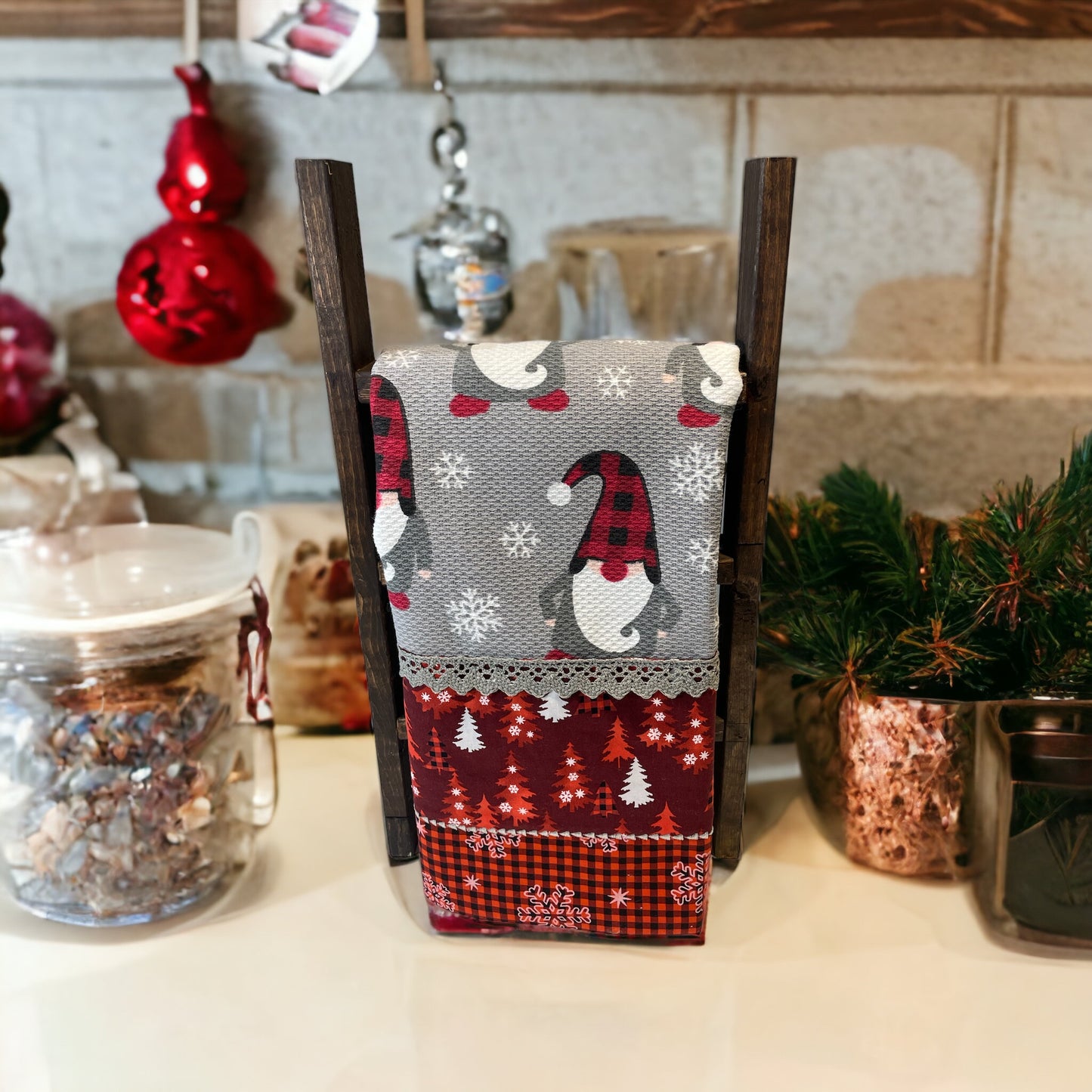 Charming Grey and Red gnome Christmas Dish Towel with Handcrafted Details