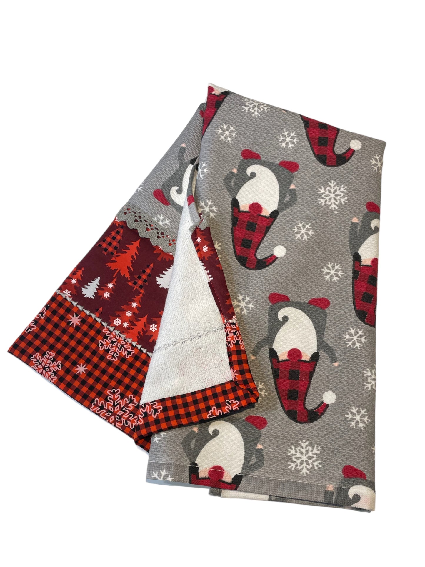 Charming Grey and Red gnome Christmas Dish Towel with Handcrafted Details