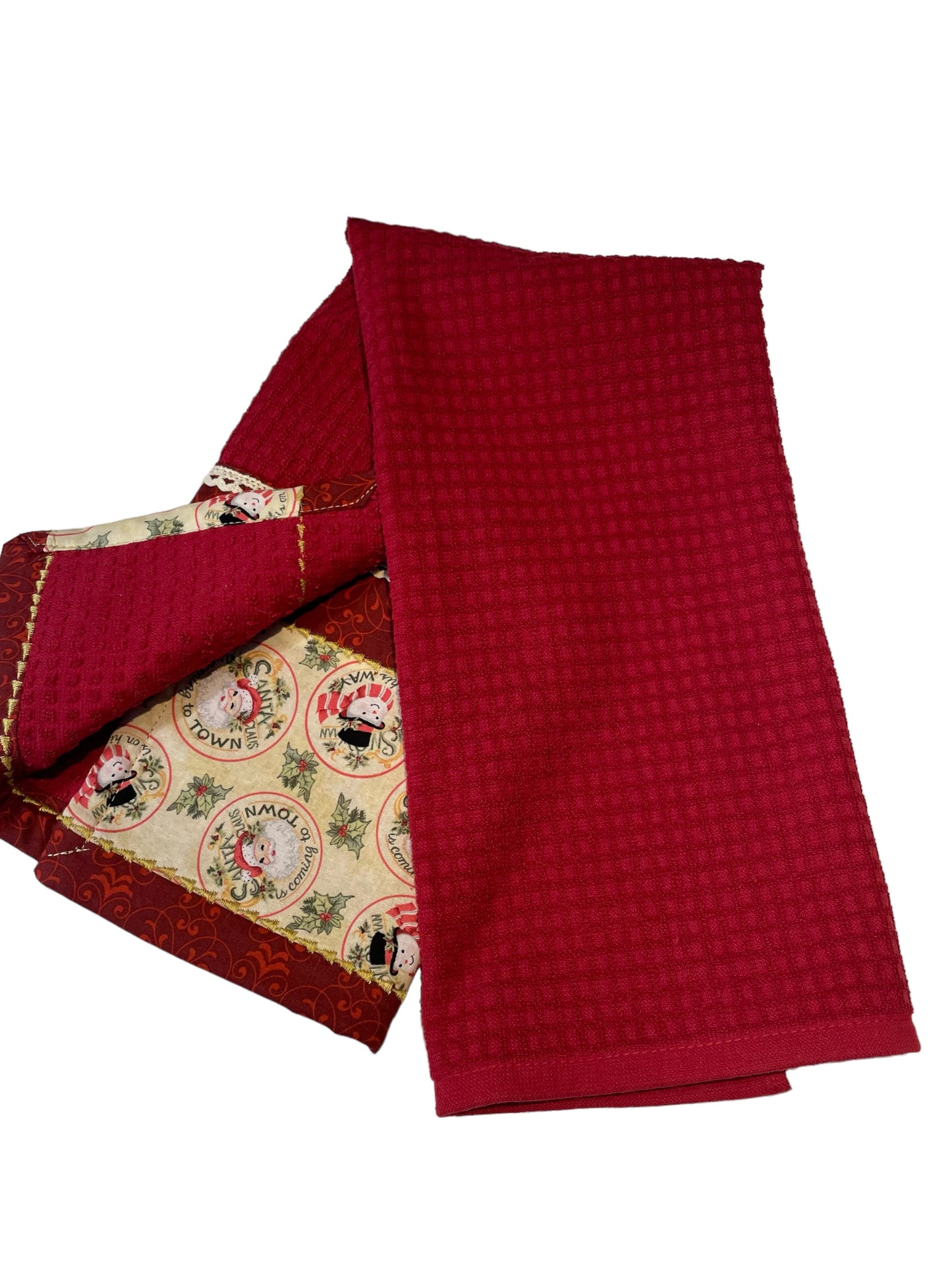 Vintage Santa-Themed Red Christmas Dish Towel with Handcrafted Details