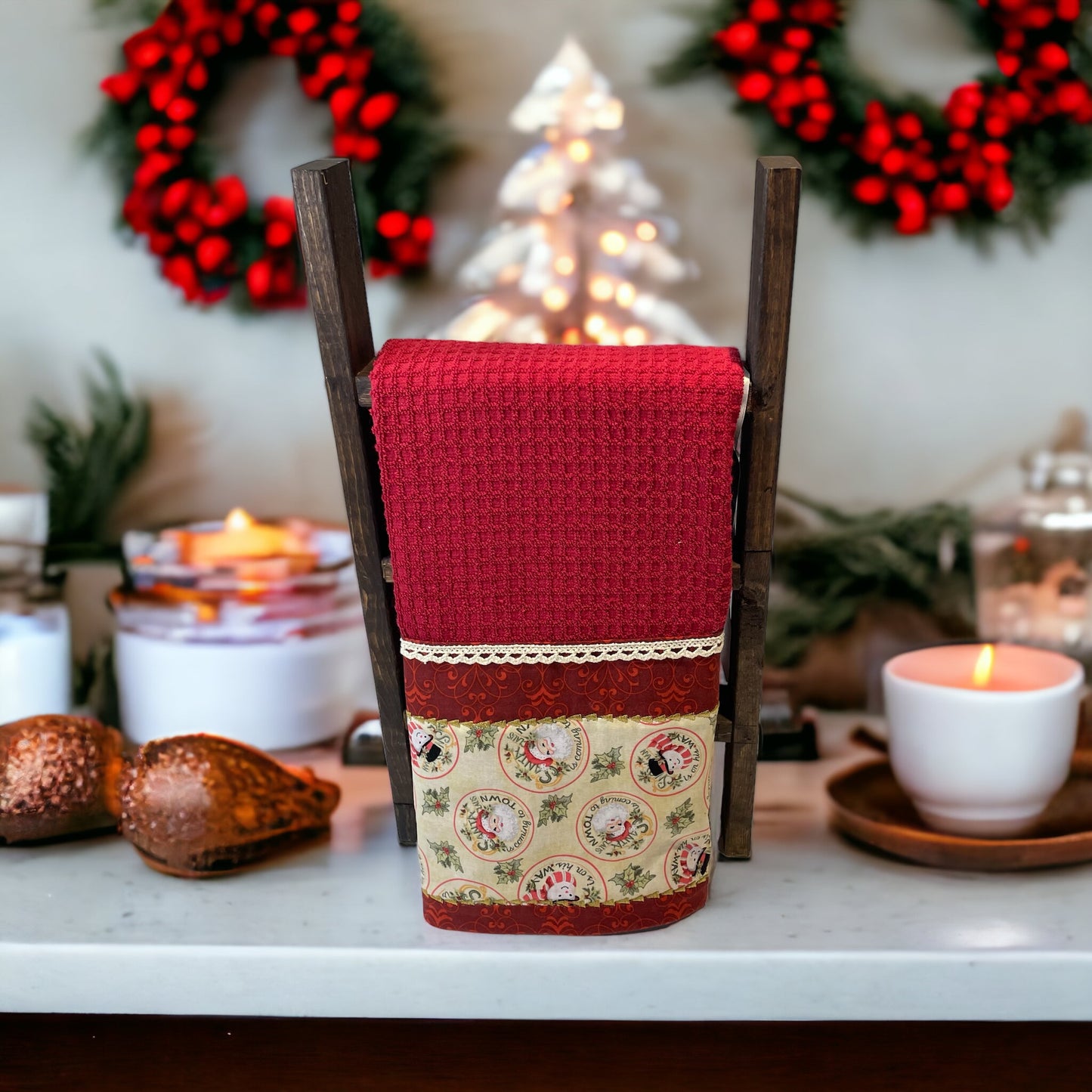 Vintage Santa-Themed Red Christmas Dish Towel with Handcrafted Details