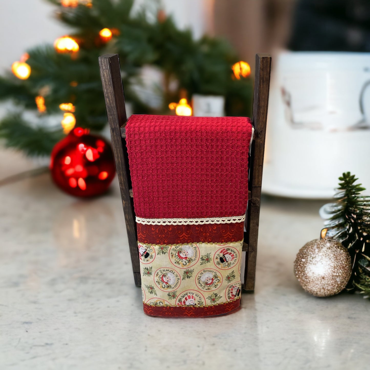 Vintage Santa-Themed Red Christmas Dish Towel with Handcrafted Details