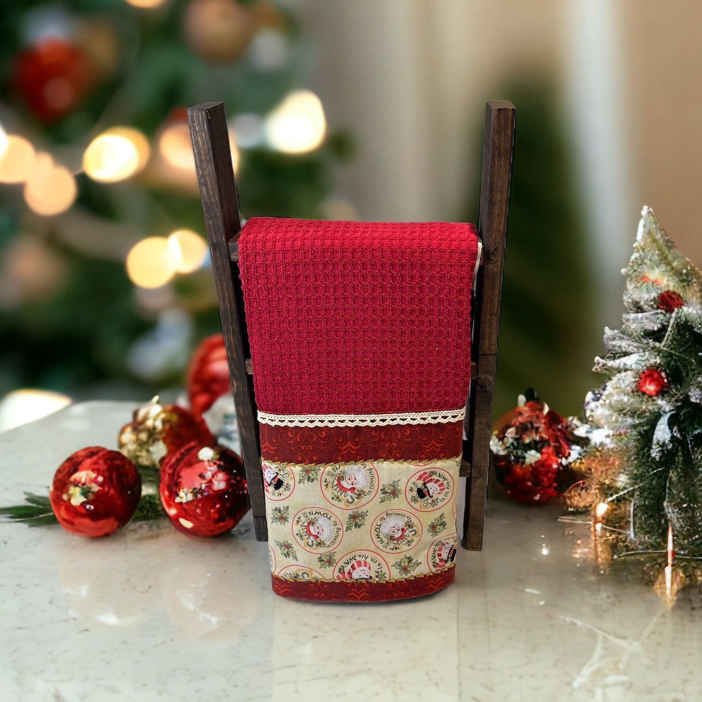 Vintage Santa-Themed Red Christmas Dish Towel with Handcrafted Details