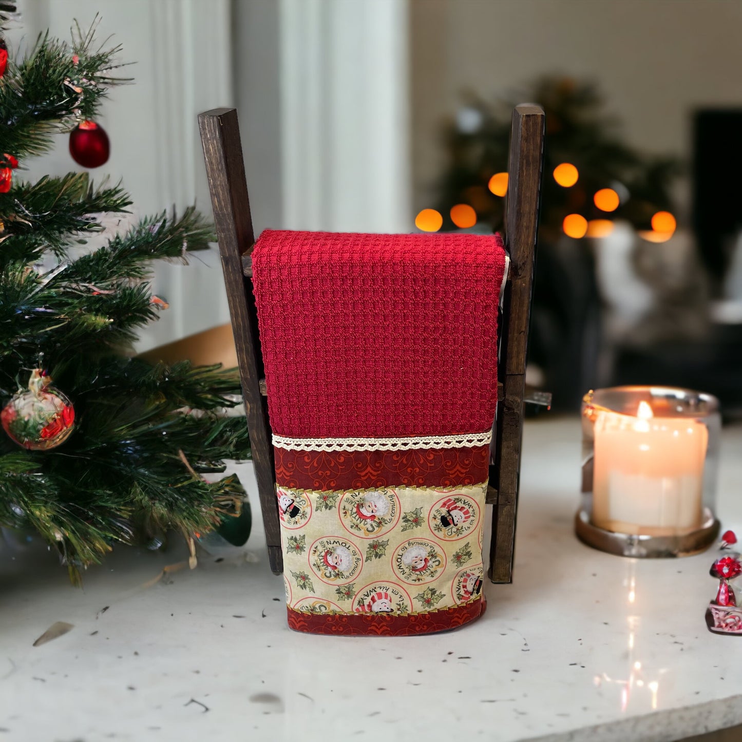 Vintage Santa-Themed Red Christmas Dish Towel with Handcrafted Details