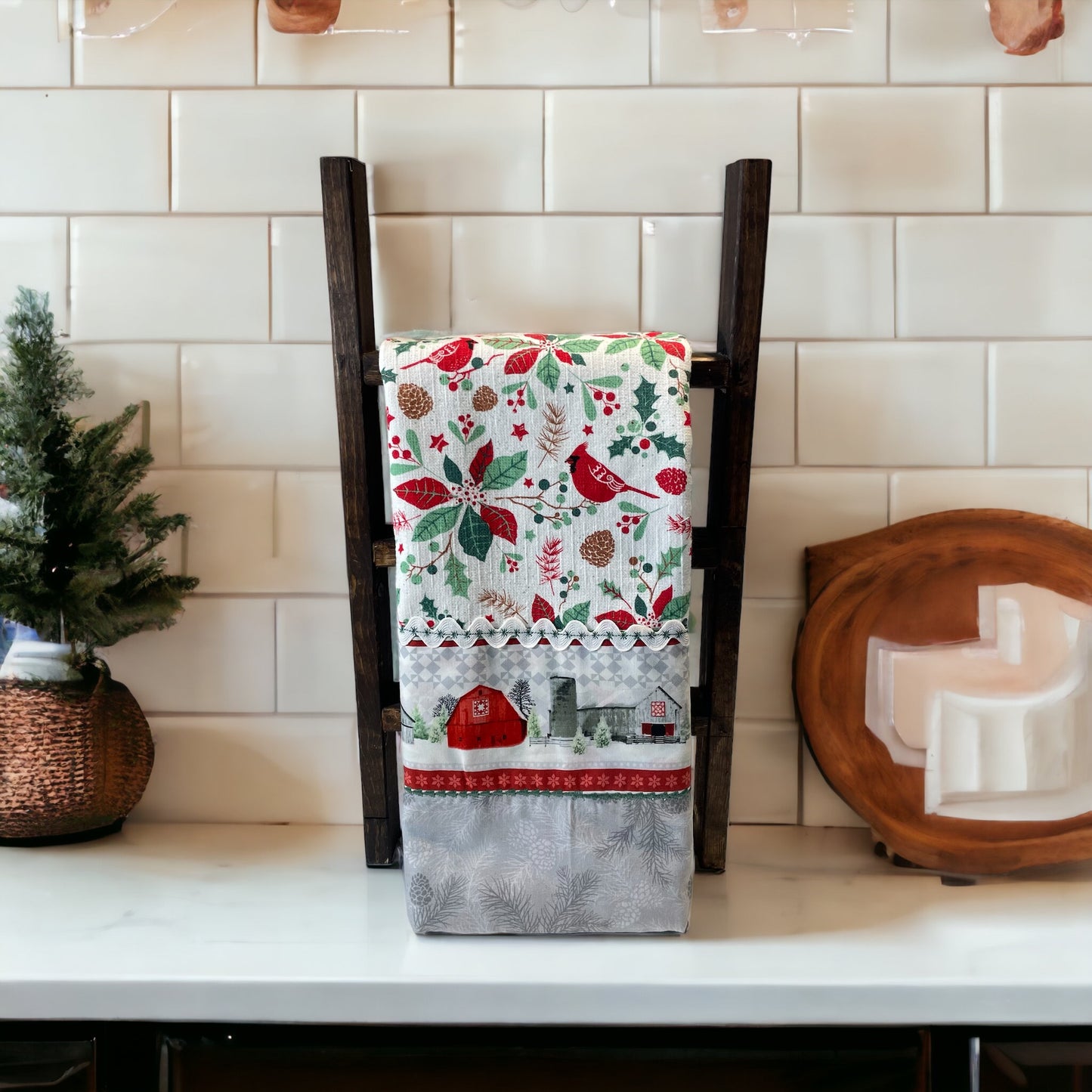 Christmas Dish Towel with Cardinals And RicRac Trim