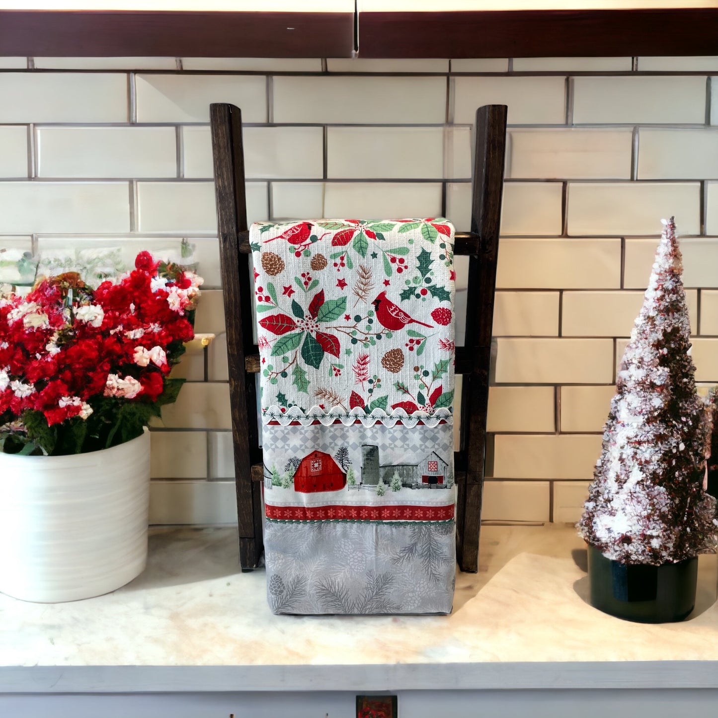 Christmas Dish Towel with Cardinals And RicRac Trim