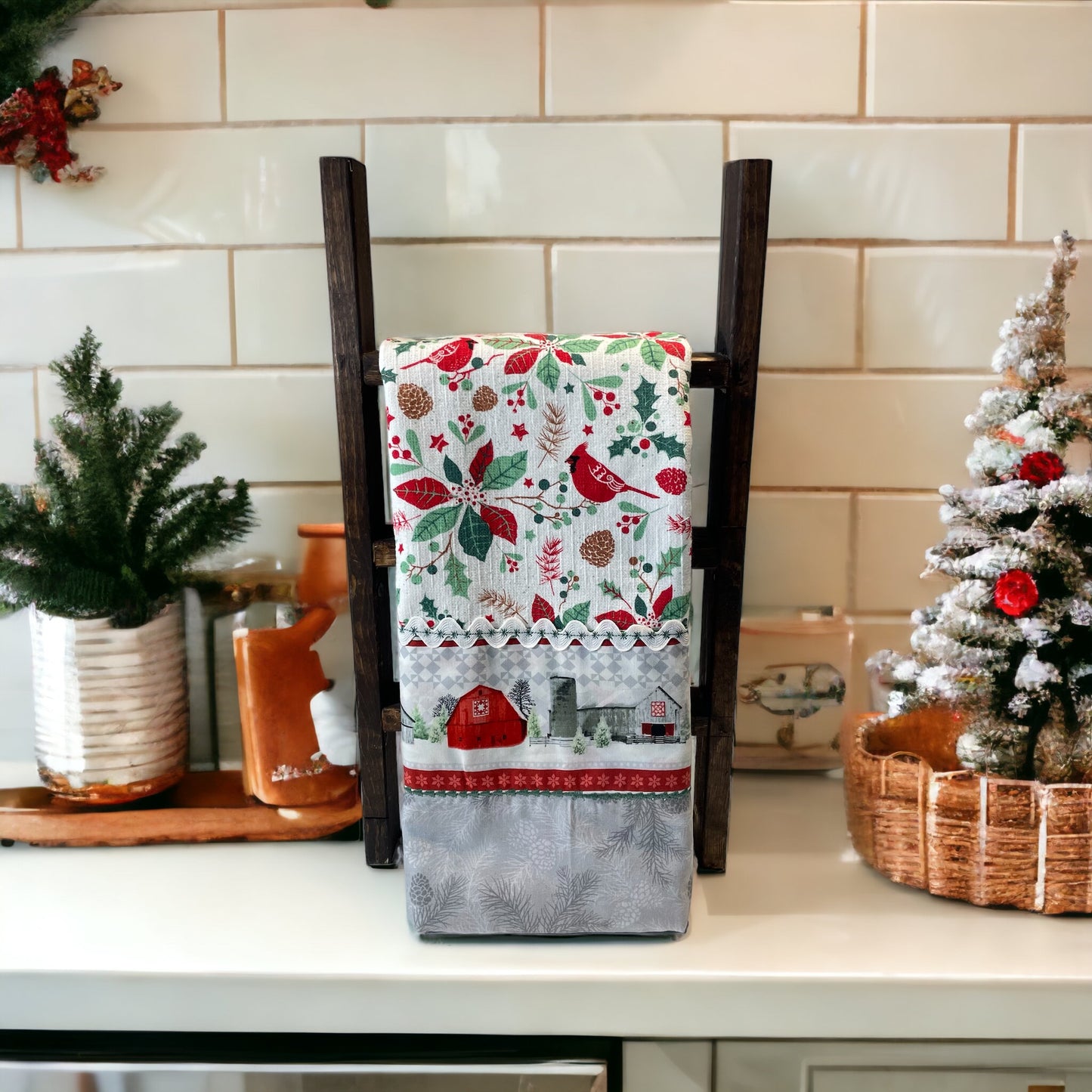 Christmas Dish Towel with Cardinals And RicRac Trim