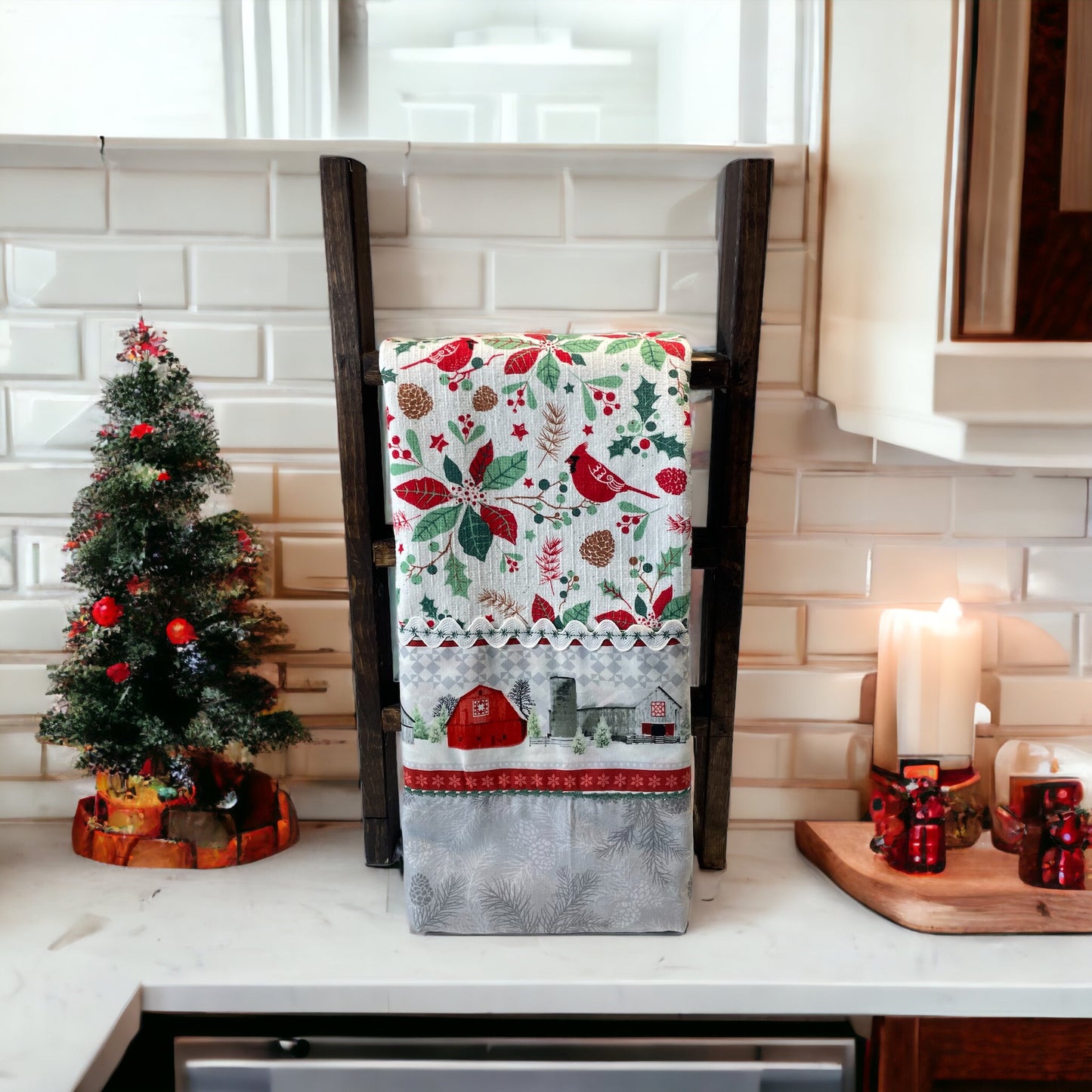Christmas Dish Towel with Cardinals And RicRac Trim