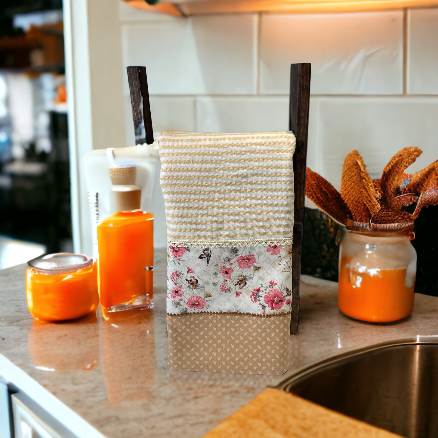 Cream and Pink Floral Kitchen Dish Towels