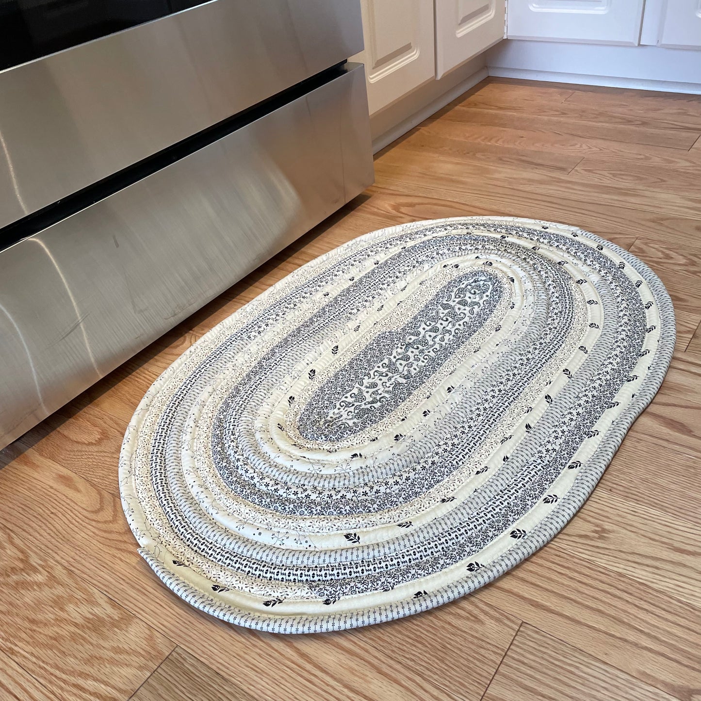 One-of-a-Kind Beige and Black Modern Farmhouse Accent Rug - Handmade in Canada