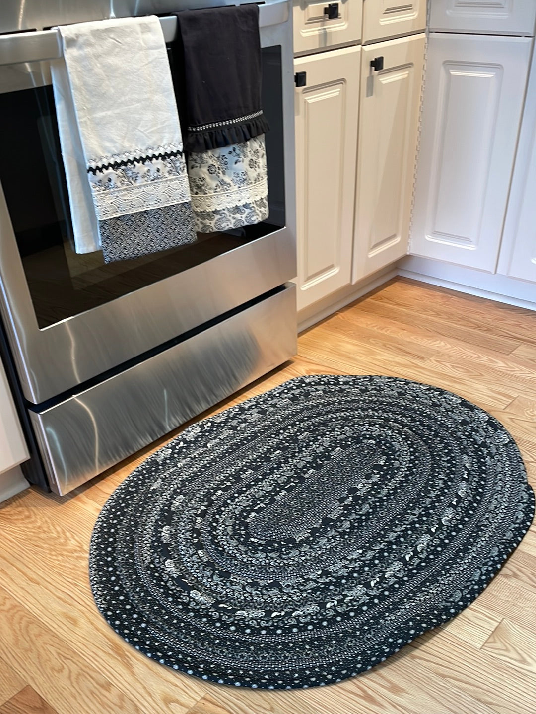 Exquisite Cream & Black Floral Kitchen Accent Rug - Handmade with Circa 1800 Fabric