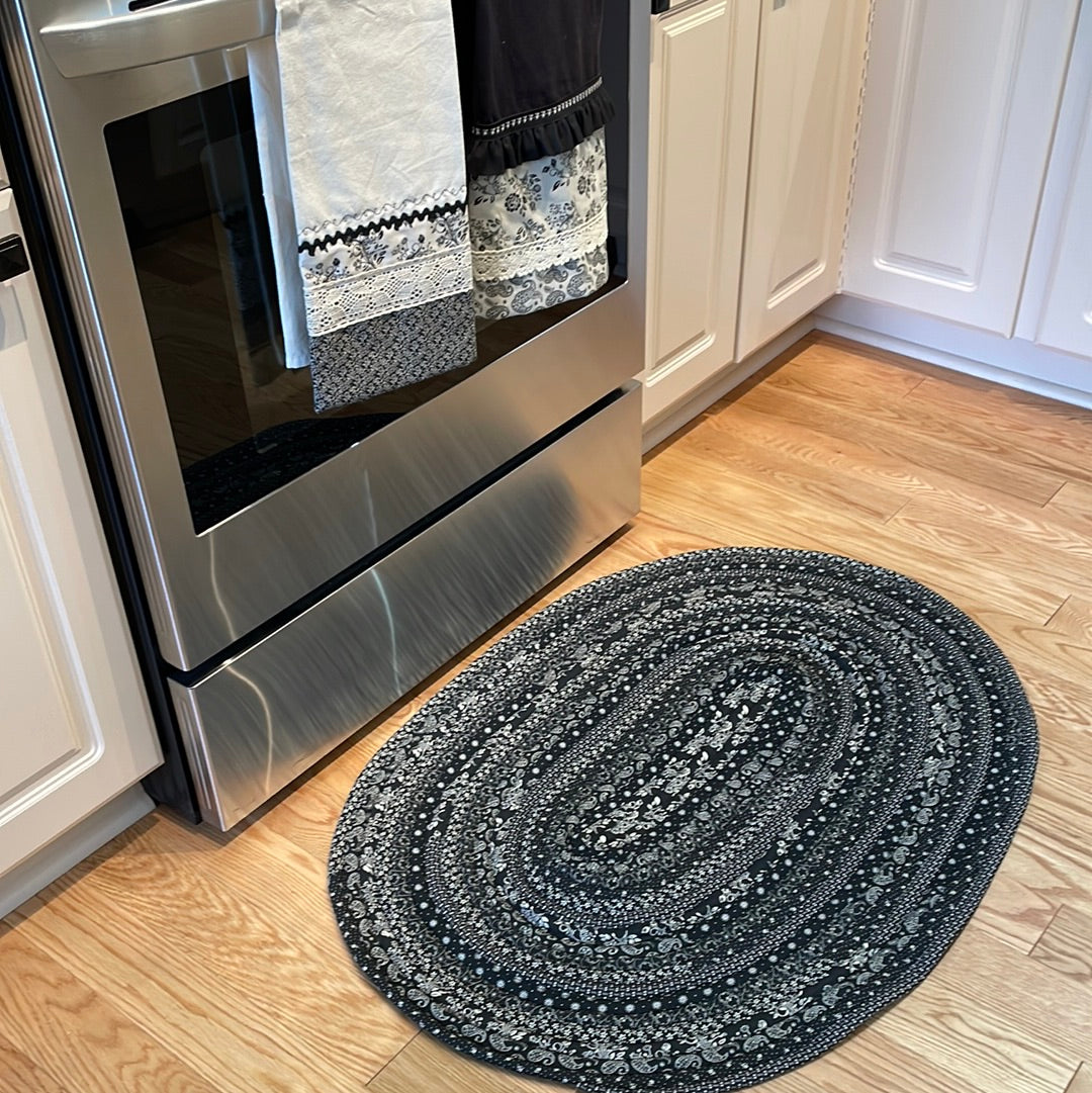 Elegant Black & Cream Floral Cotton Kitchen Sink Rug - Mix & Match Collection