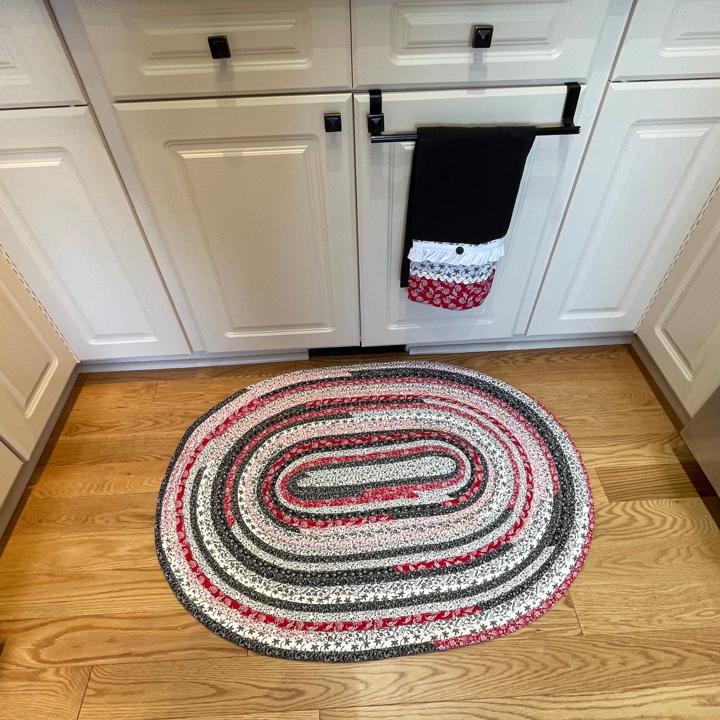 Vintage Red, White & Black Washable Cotton Farmhouse Kitchen JellyRoll Rug - Handmade in Canada