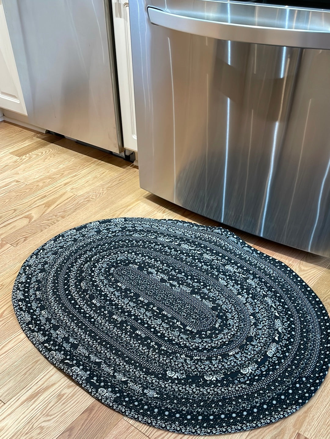 Exquisite Cream & Black Floral Kitchen Accent Rug - Handmade with Circa 1800 Fabric