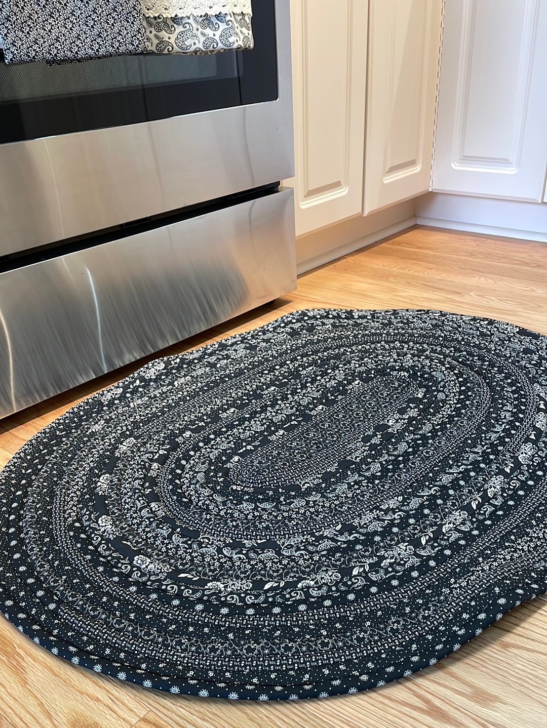 Exquisite Cream & Black Floral Kitchen Accent Rug - Handmade with Circa 1800 Fabric