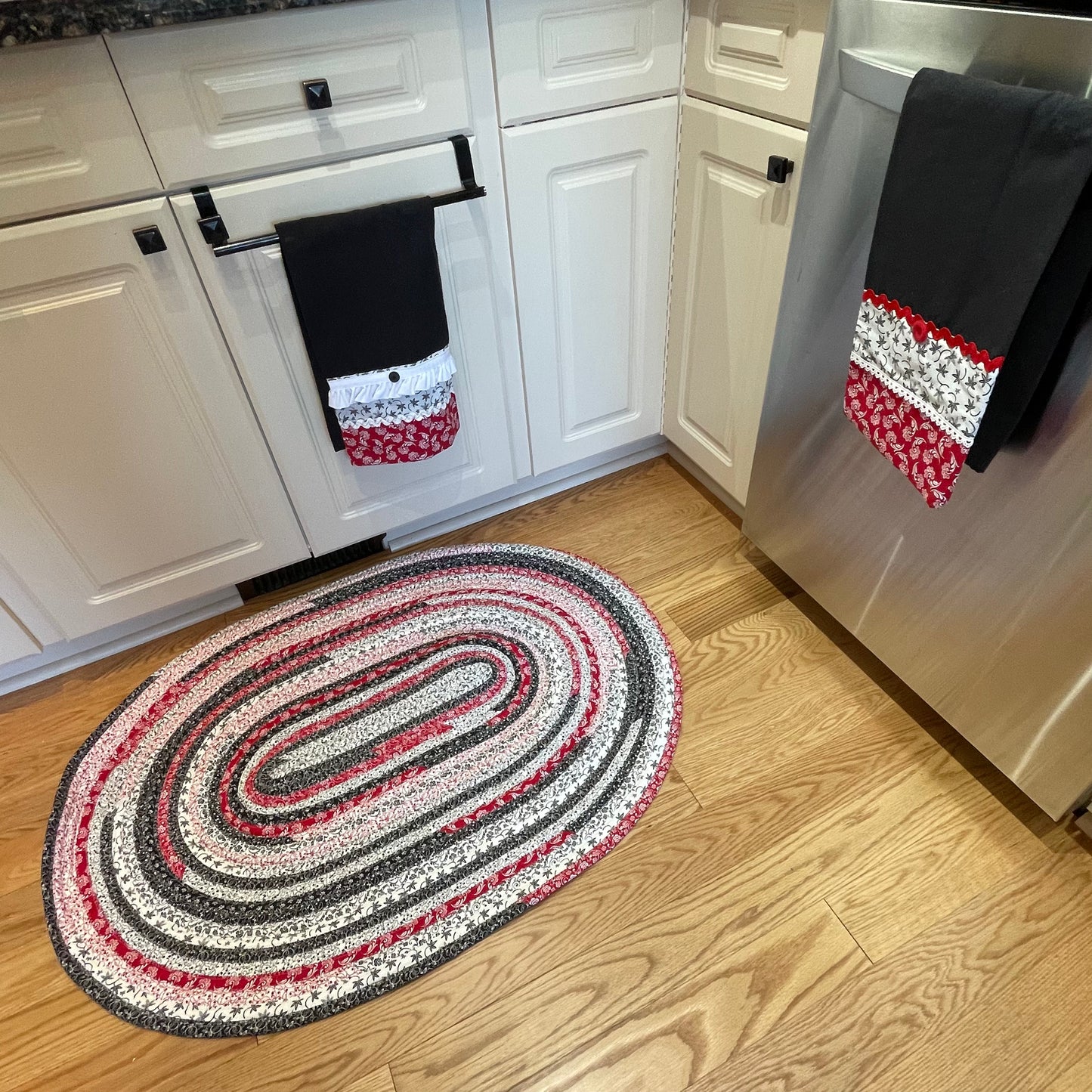 Vintage Red, White & Black Washable Cotton Farmhouse Kitchen JellyRoll Rug - Handmade in Canada