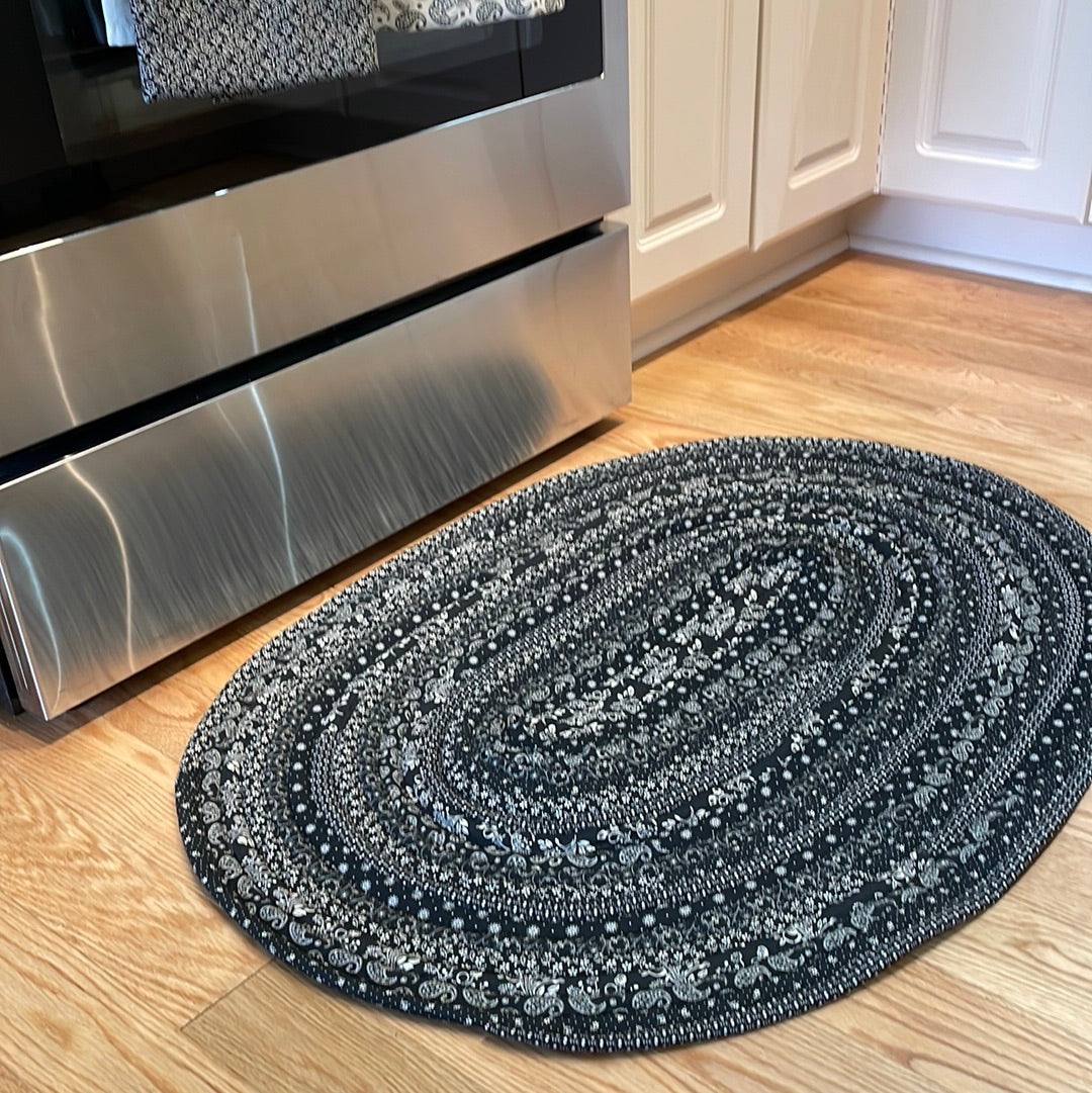 Elegant Black & Cream Floral Cotton Kitchen Sink Rug - Mix & Match Collection