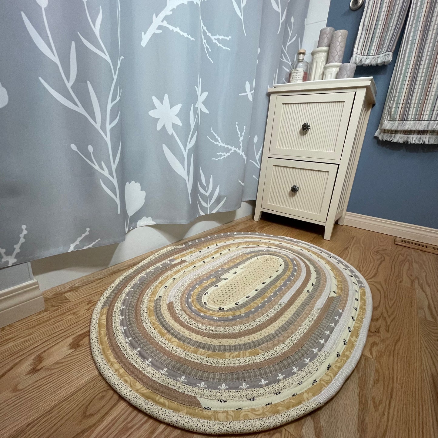 Luxury Cream Floral Handmade Farmhouse JellyRoll Rug - One of a Kind, Washable, Handcrafted in Canada