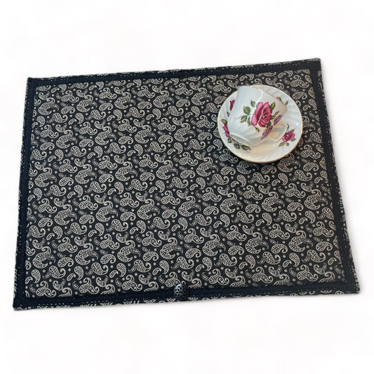 Handmade Modern Farmhouse Kitchen Dish Drying Mat - Black and Cream Paisley Print with Lace Trim