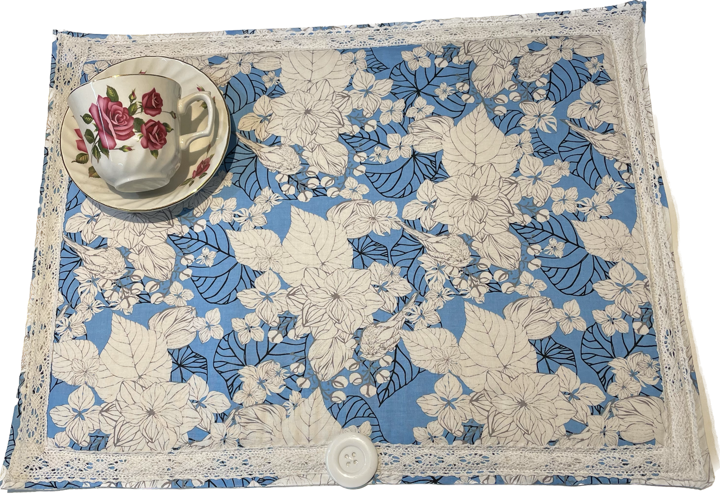 Handmade Pretty Blue Floral Dish Drying Mat with White Cotton Lace Trim and White Accent Button