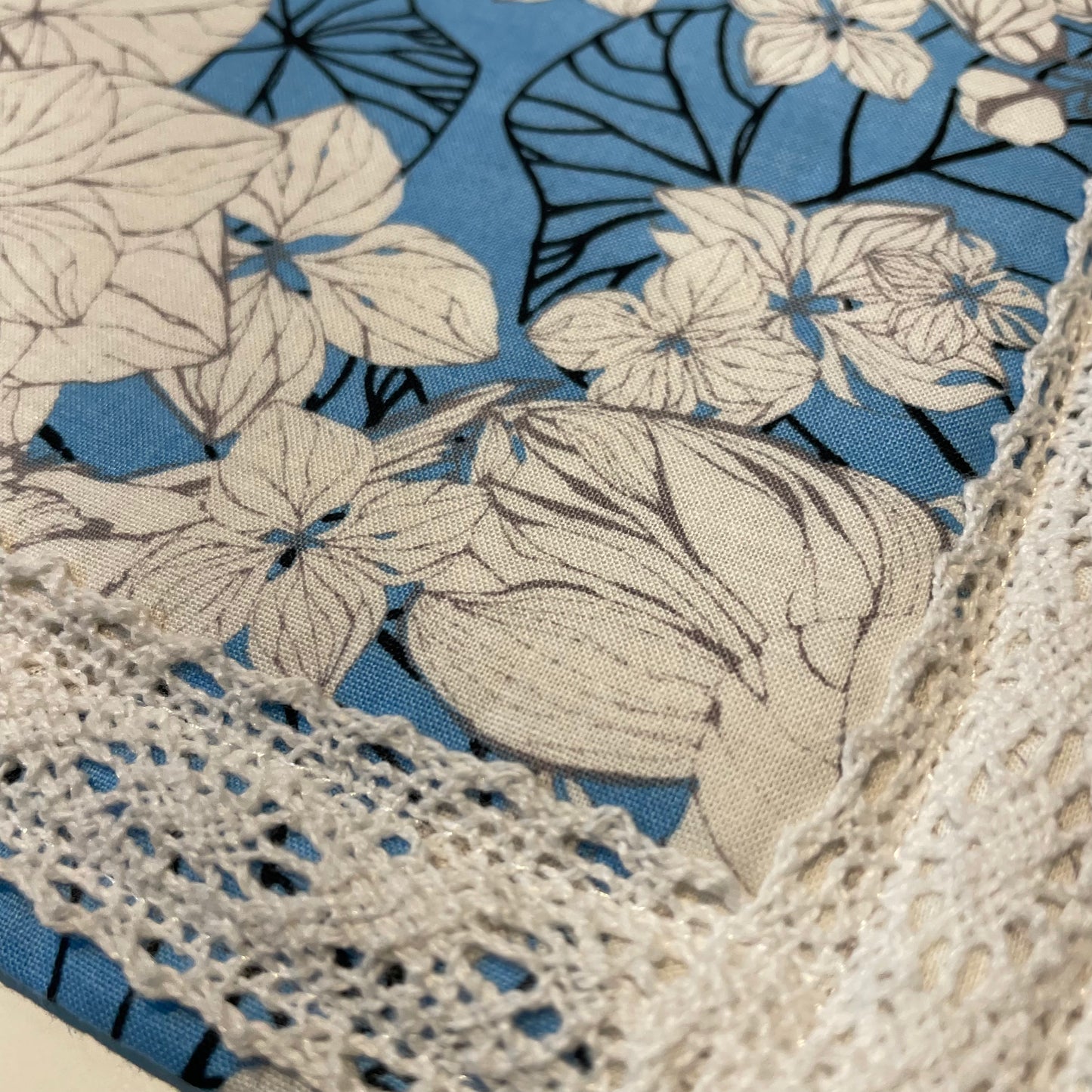Handmade Pretty Blue Floral Dish Drying Mat with White Cotton Lace Trim and White Accent Button