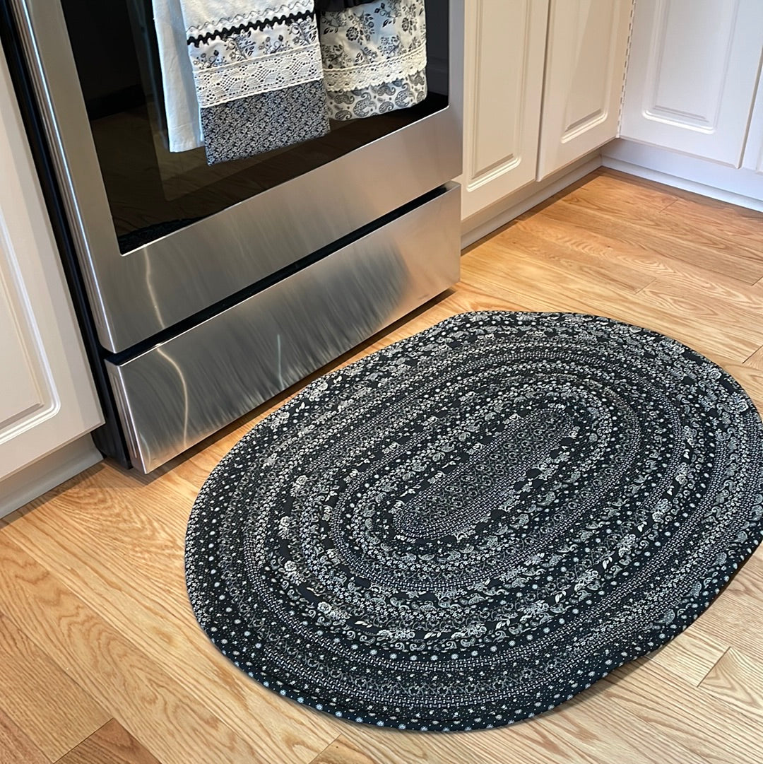 Exquisite Cream & Black Floral Kitchen Accent Rug - Handmade with Circa 1800 Fabric