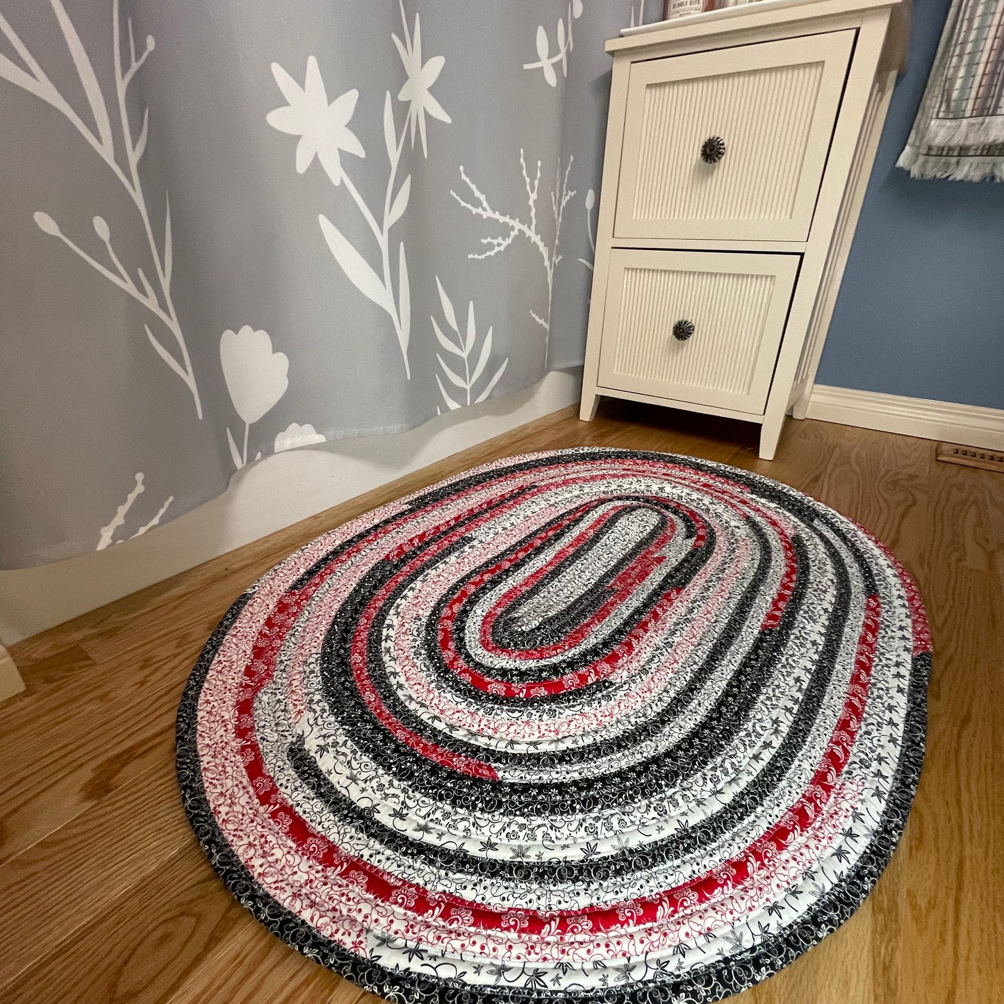 Vintage Red, White & Black Washable Cotton Farmhouse Kitchen JellyRoll Rug - Handmade in Canada