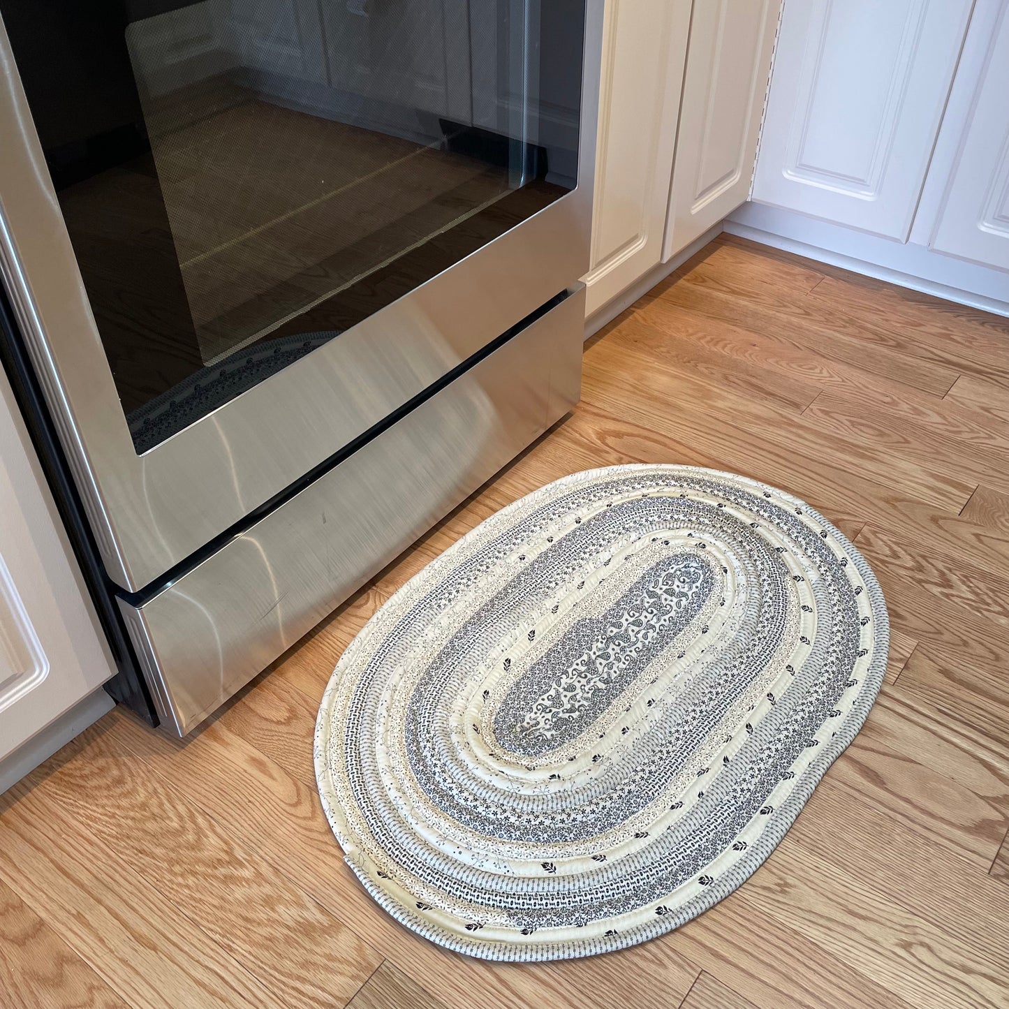 One-of-a-Kind Beige and Black Modern Farmhouse Accent Rug - Handmade in Canada