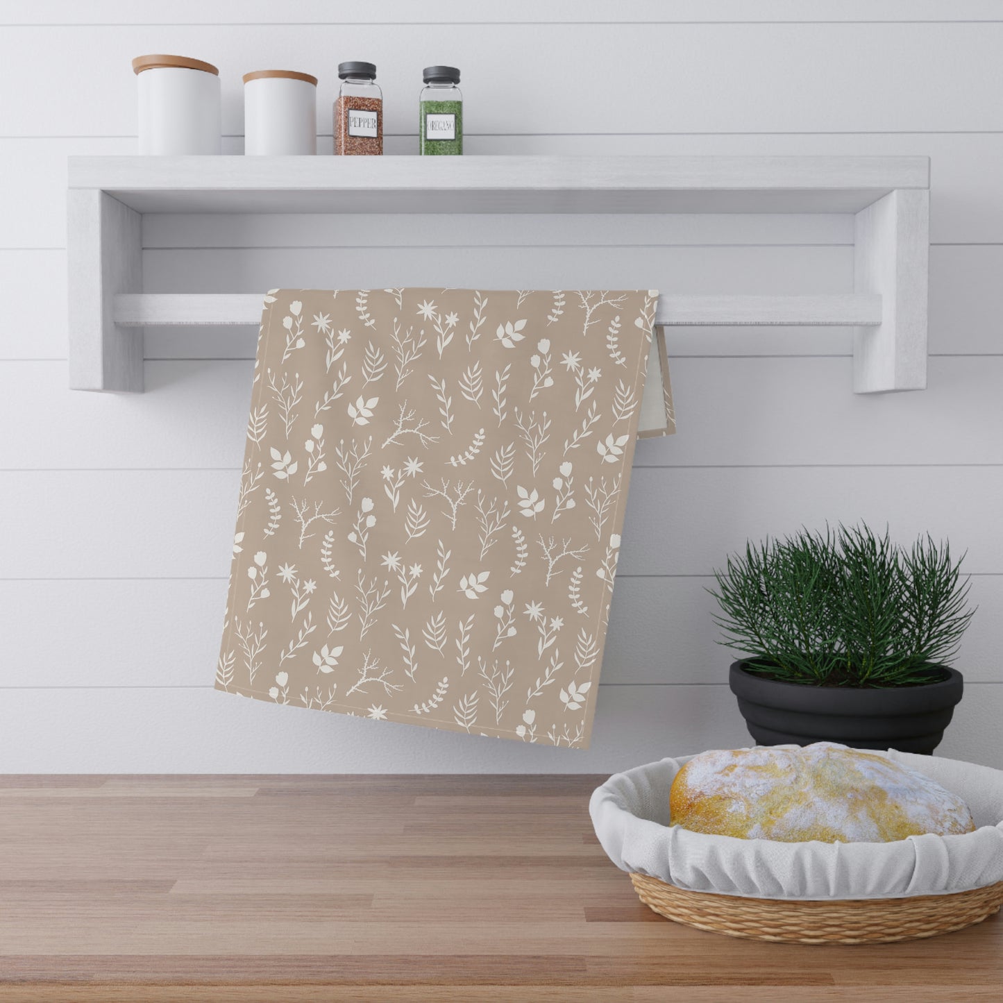 White and Taupe Floral Kitchen Tea Towel