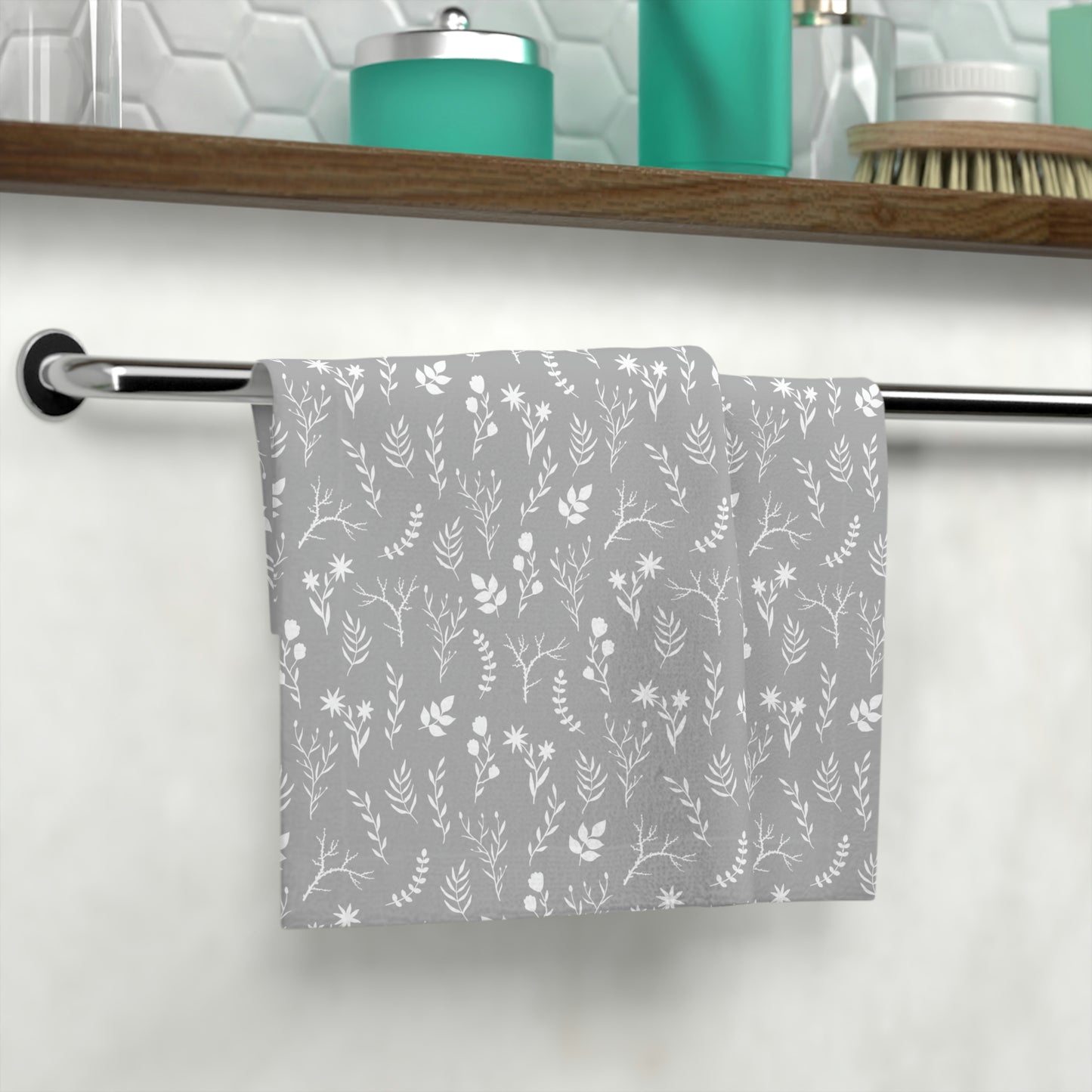 Light Grey and White Floral Print Face Towel