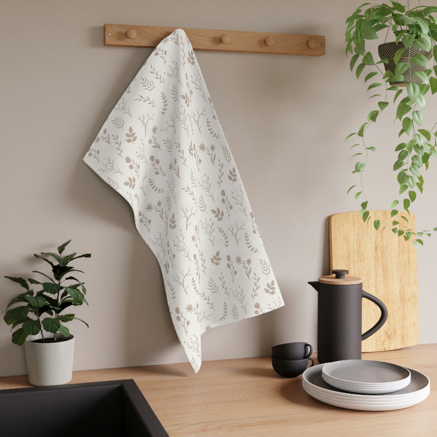 Kitchen Tea Towel With Taupe Flowers