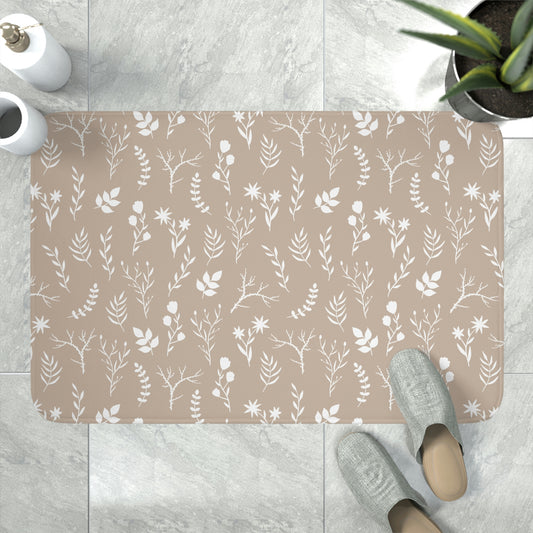 Taupe and White Memory Foam Bathmat | Modern Floral Print Bathmat